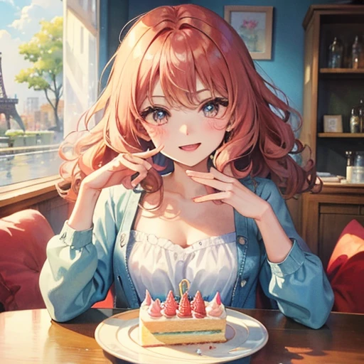 watercolor paiting、France、Paris、birthday cake、cafes、Birthday、I'm smiling happily、kawaii、optic、Glaring、wavy curly hair、