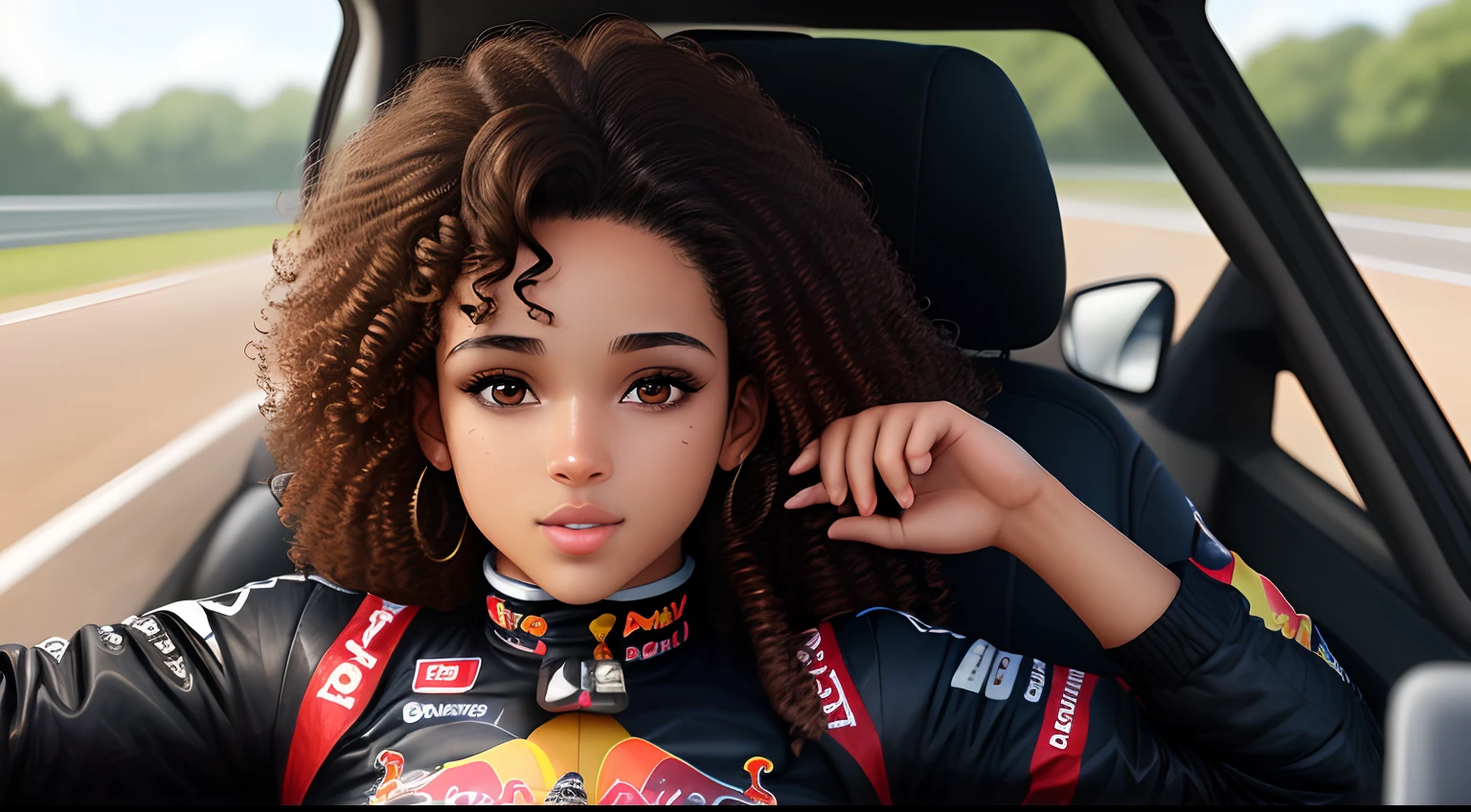 A woman with curly brown hair and dark brown eyes is brown-skinned 
In a car you can play Formula 1 as a Red Bull driver