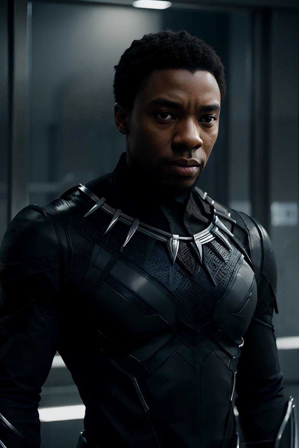 Black Panther T'Challa looking at me with the uniform and without the mask, realistic, cinematographic