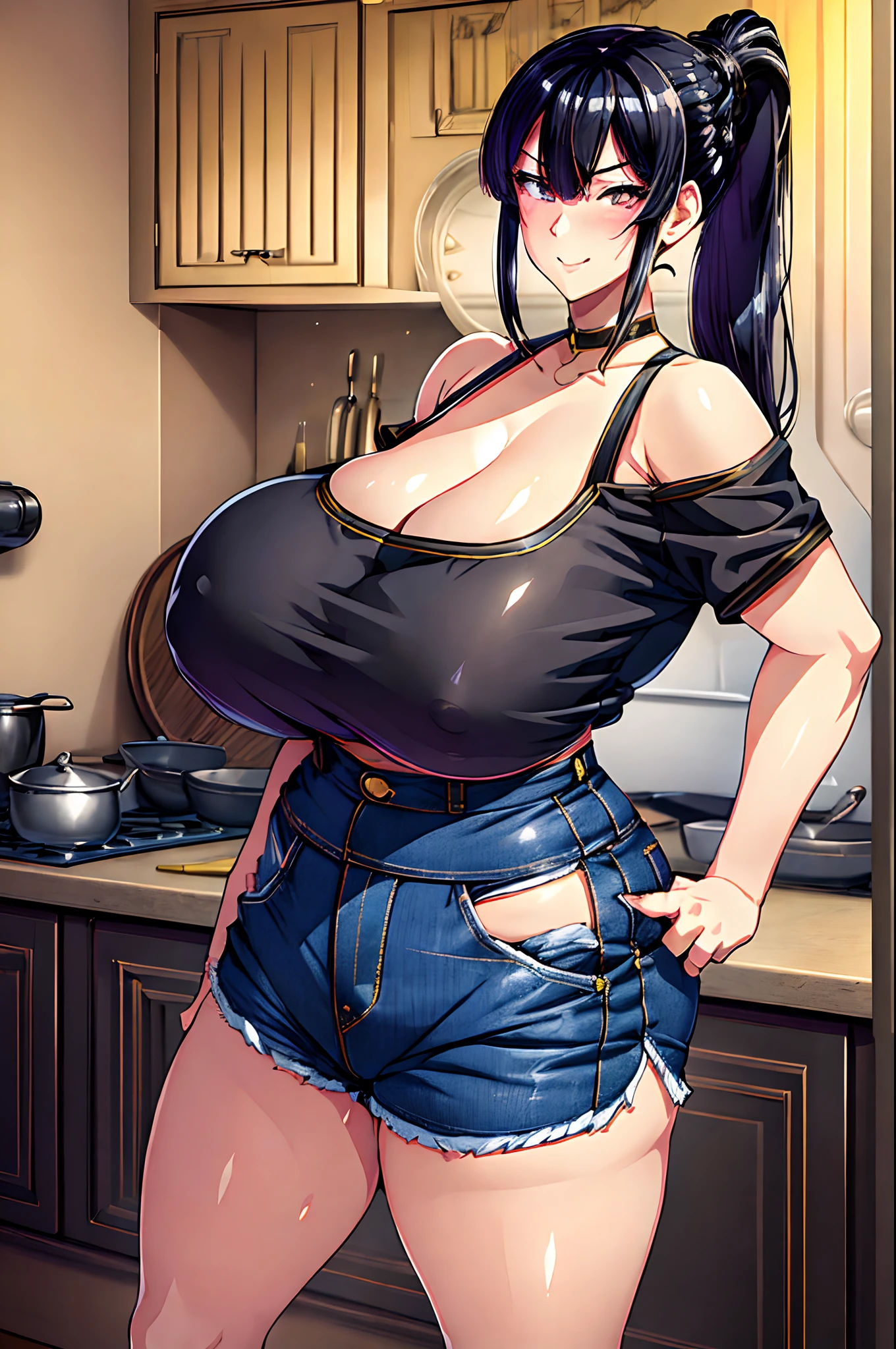 master piece, best quality, Ultra High Resolution, ultra-detailed, long black hair, bangs, braided ponytail, light yellow eyes, Huge breasts, wide hips, plump, white crop top, cleavage, blue denim shorts, mature female, 1 girl, Takeda Hiromitsu Style, smile, lipstick, blush, beautiful, kitchen