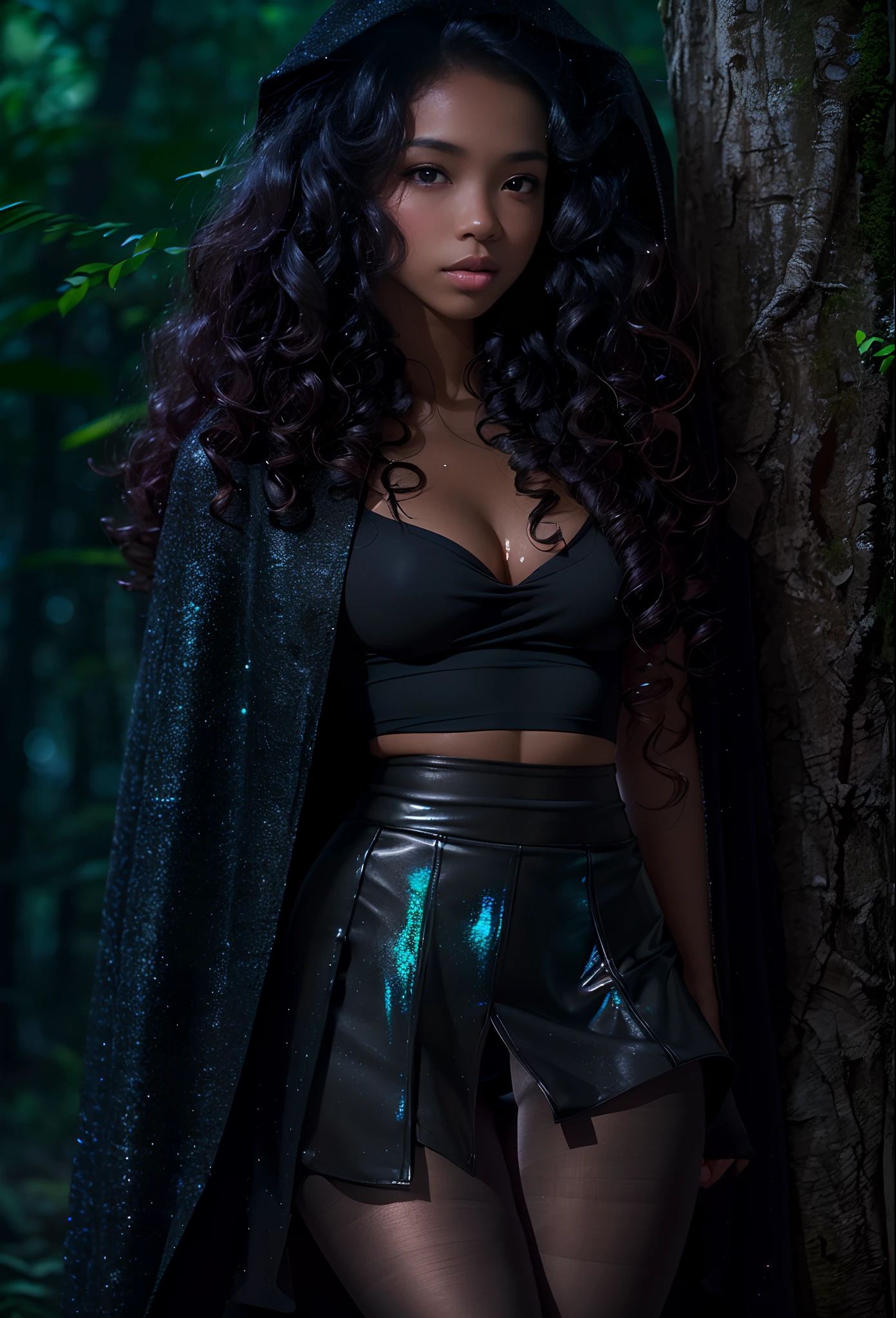 ((17-year-old))), black girl, (((light skin))), (((full body pose))),  (((long curly black hair))), (((wearing tight micromini skirt, open front cloak))), (((seamless, black, pantyhose))), standing in the dark woods at night, moonlight shining through the dense canopy,  dark fantasy, Rich, Deep Colours, (intricate details:0.9), (HDR, hyper-detailing:1.2), (natural skin textures, hyper realisitc, glistening skin, soft light, Sharp),