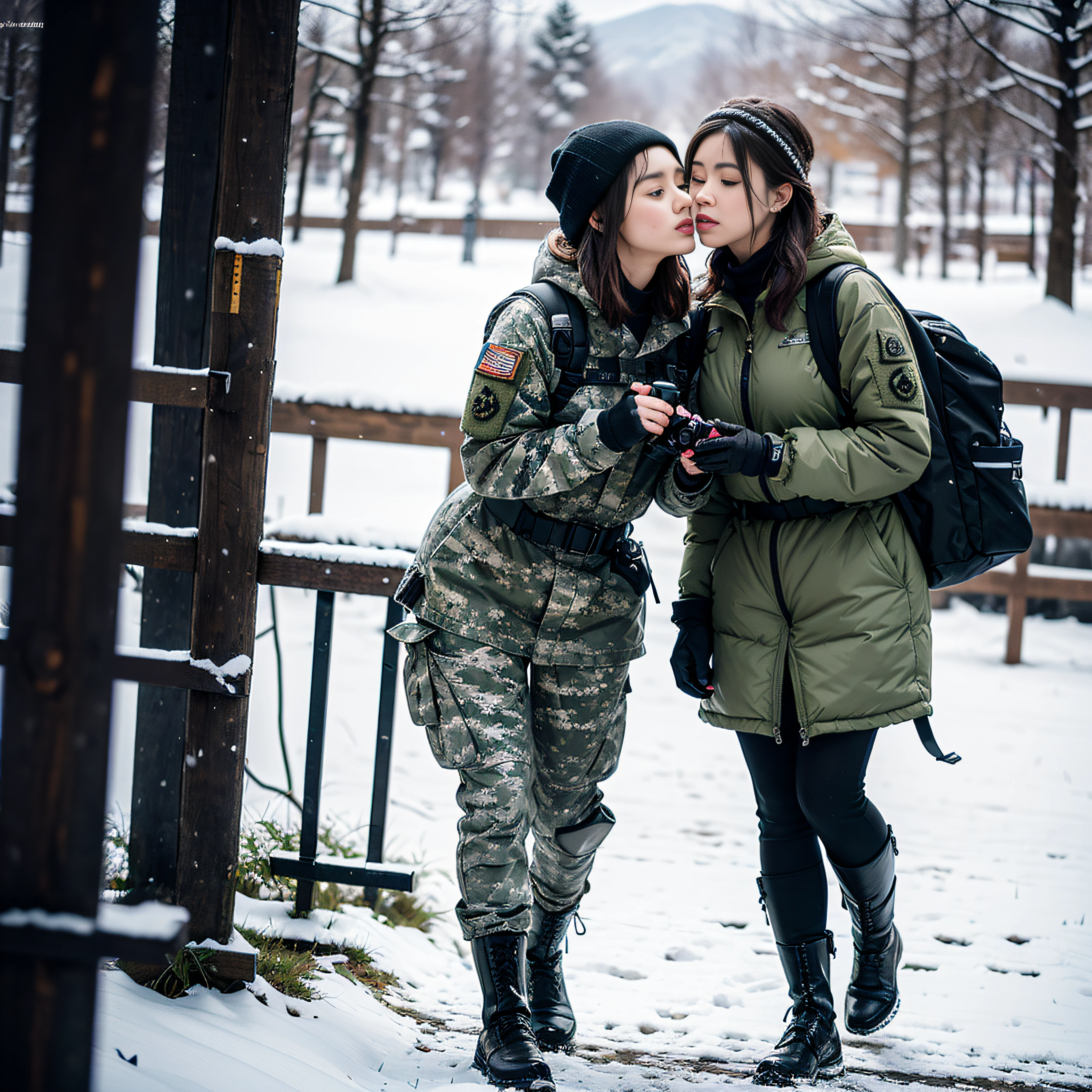 (Photorealistic), Beautiful lighting, Best Quality, Realistic, Full body portrait, real picture, Intricate details, depth of fields, 3 lesbians women kissing , In a cold blizzard, Very muscular soldier girl with a haircut, Fatigue of the army wearing winter camouflage, Camouflage Plate Carrier Rig, Combat gloves, (Magazine Pouch), (Kneepads), ighly detailed, Perfect face, Blue eyes, Lips, wide hips, Small waist, tall, make up, Tactic, FUJI XT3, Outdoors, bright day, Beautiful lighting, Raw photo, 8K UHD, Film grain, ((Bokeh))