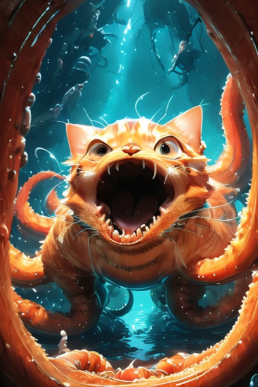 It qut first seems like an orange tabby cat but as it opens its mouth horribly wide tentacles come out and spread over the picture