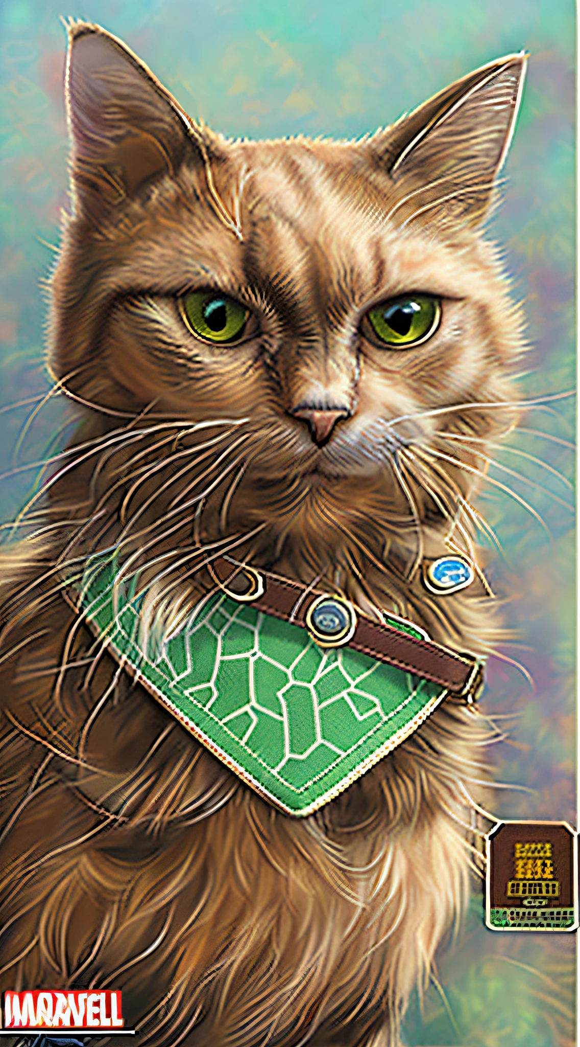 Masterpiece、top-quality、A hyper-realistic、Photorealsitic、((Marvel's brown-patterned cat character on the collar tag「Goose」It is written that))、The cat's name is「Goose」、Movie Ads、marvel character