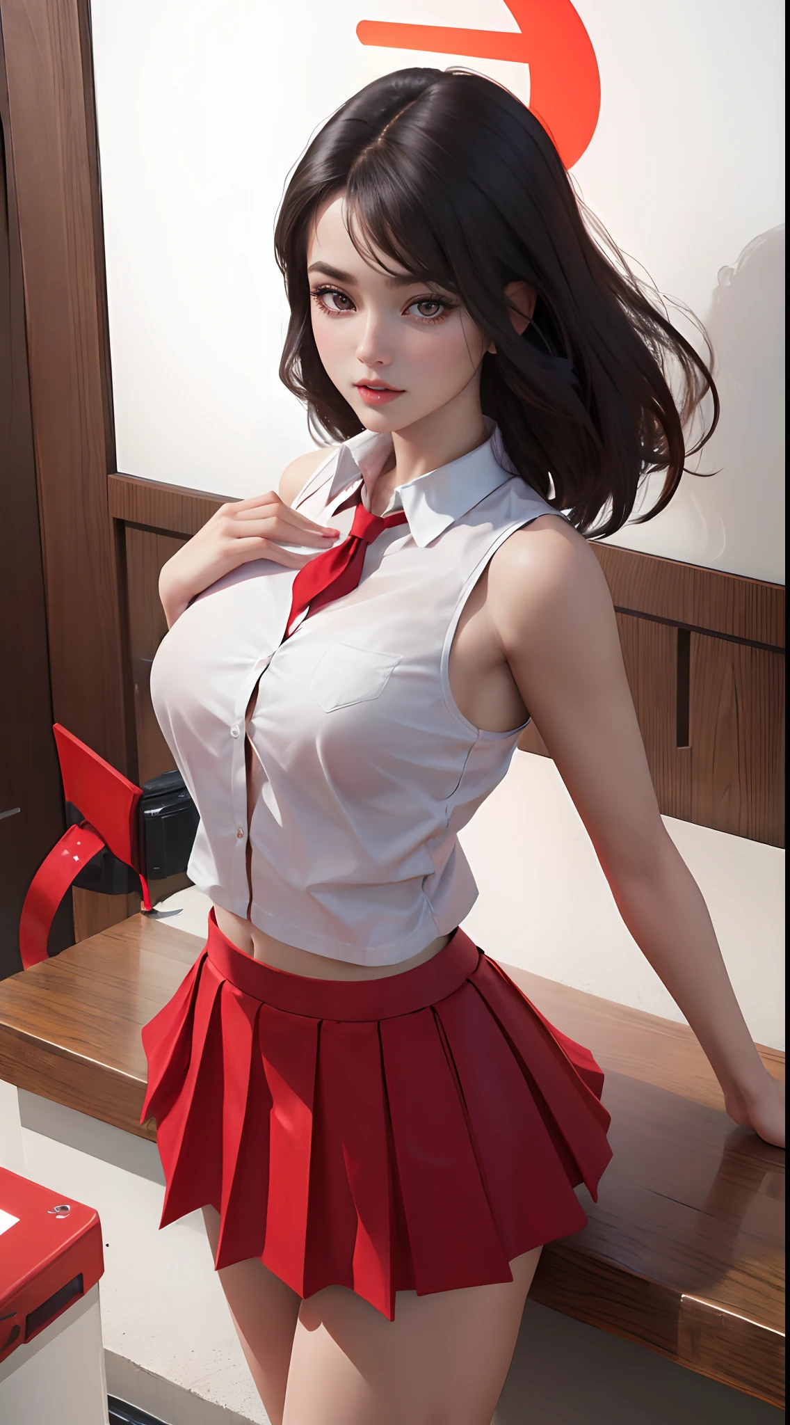 (masterpece:1.3), (photorealistic:1.3), (best quality:1.3), 8k, uhd, high resolution, 1girl, ((large breats)), best lighting, best shadow, red skirt, sleeveless, looking at viewer, breasts focuss, best anatomy, white shirt, short skirt, bare shoulders, european, dynamic pose, dynamic angle camera, expression,