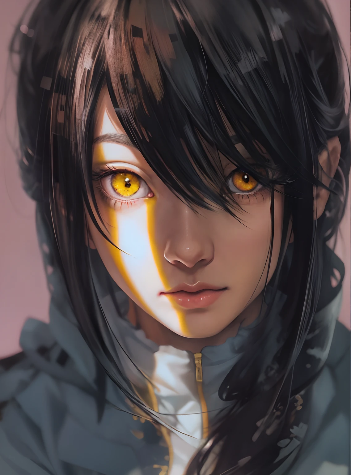 Anime girl with long black hair and yellow eyes looking at the camera, Impresionante retrato de cara de anime, Retrato detallado de Anime Girl, Arte detallado del anime digital, Cara de Ilya Kuvshinov, Retrato de anime de la cara, Hermoso retrato de anime, Hermosa cara de anime, Arte de anime digital, Primer plano del retrato del personaje, Retrato de anime, Primer plano del arte del personaje, Retrato de chica anime, Retrato Anime Chica