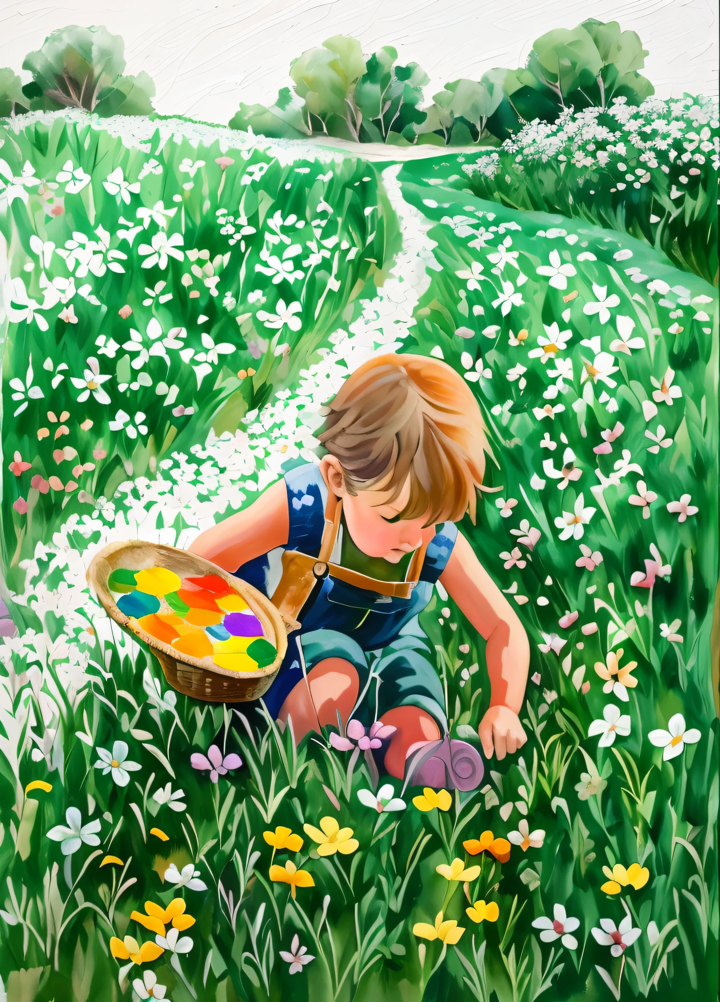 pintura de um menino com uma paleta de tinta e uma paleta, colhendo flores, pintura sobre tela, Paiting, em um campo de flores, em um prado, pintura sobre uma tela, inspirado em E.h. Shepard, em um campo com flores, pegando uma flor, Doendo, Pintura, Pintura, oil paiting, professional oil painting, corrigir face, rosto perfeito