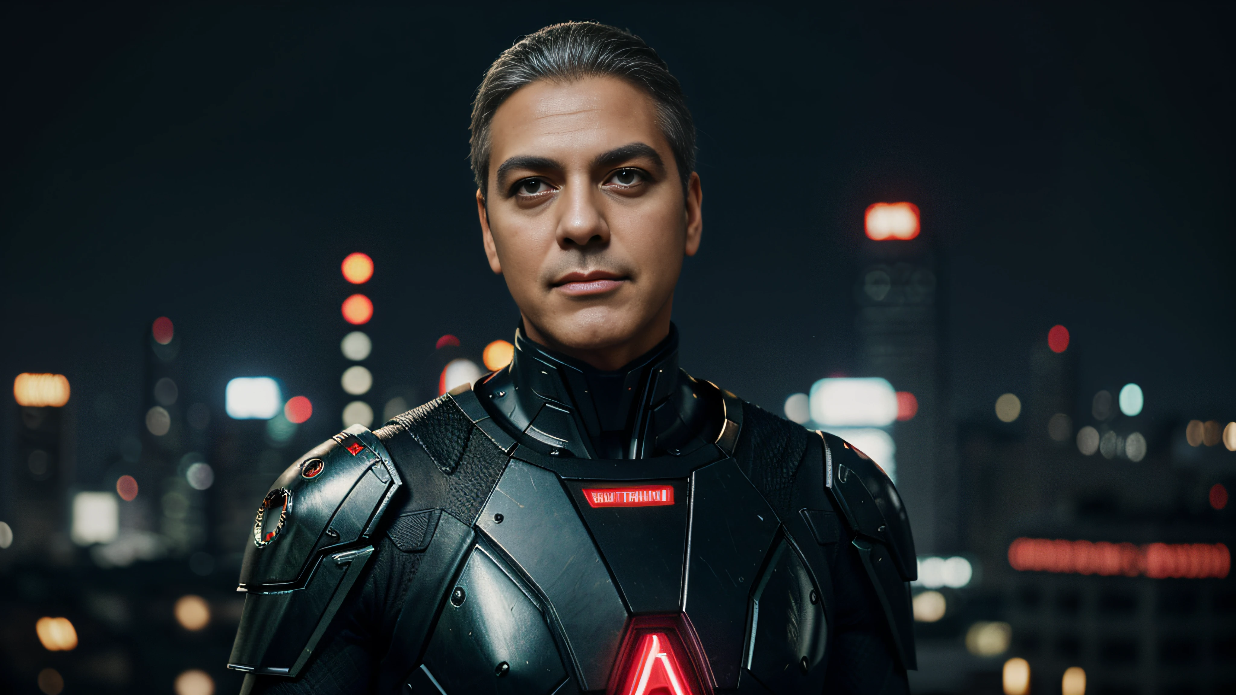 Centralizado, photo-realistic, 8k, altamente detalhado, Retrato realista George Clooney, The body looks at the camera, olhando para o espectador de frente, in a flash suit with intricate angled cybernetic implants Cyberpunk city, foto premiada, Bokeh, Red Neon Lights, Cybernetic body and arm with red detail