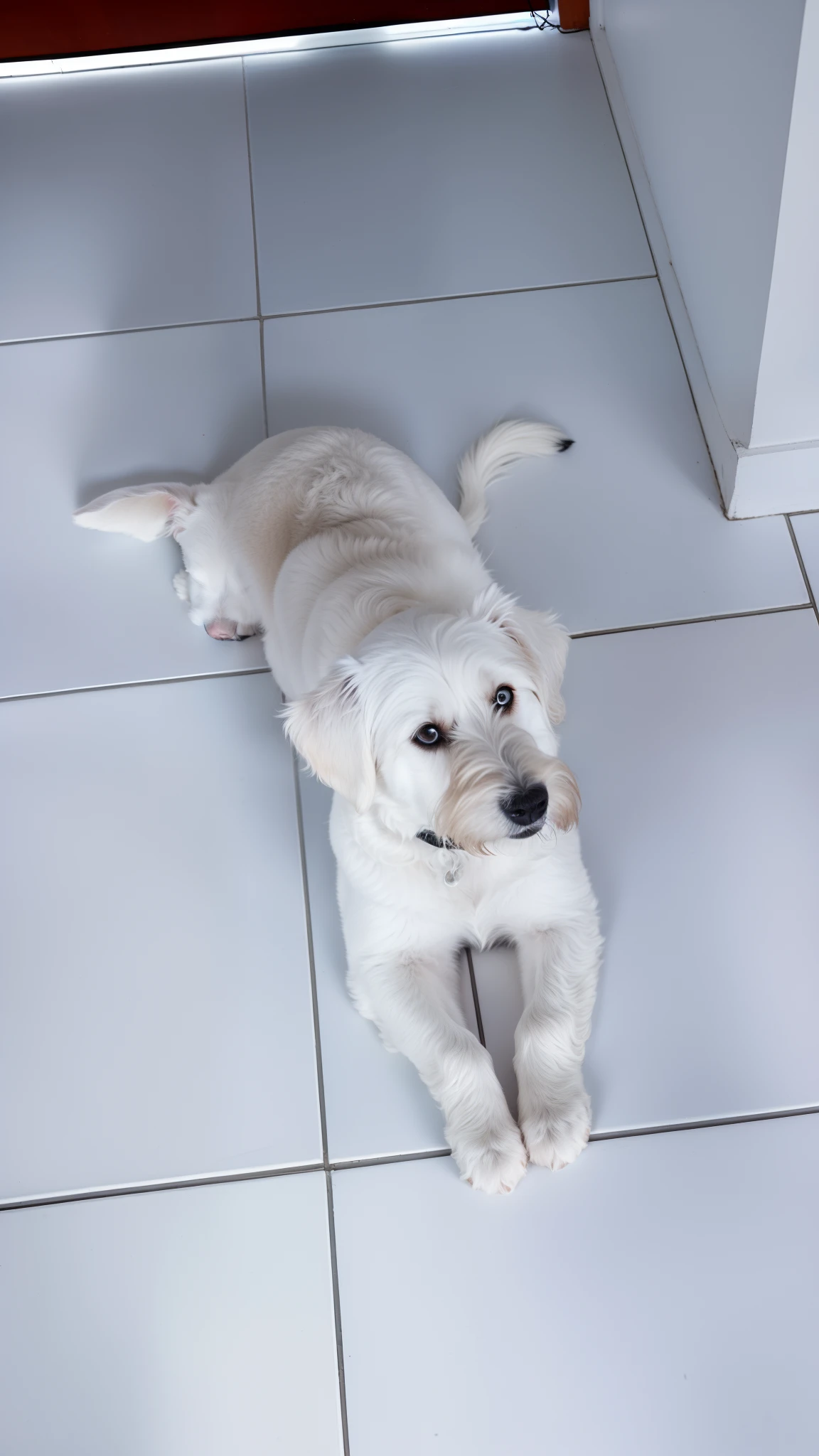 There's a white dog lying on the floor in a room, small white dog at her side, Estabelecimento, he is very relaxed, deitado, crawling towards the camera, fazendo uma pose atrevida, bonito, fazendo uma pose elegante, com uma pose cool, in an action pose, Tomado com Sony Alpha 9, very artistic pose, deitada de costas, pimenta