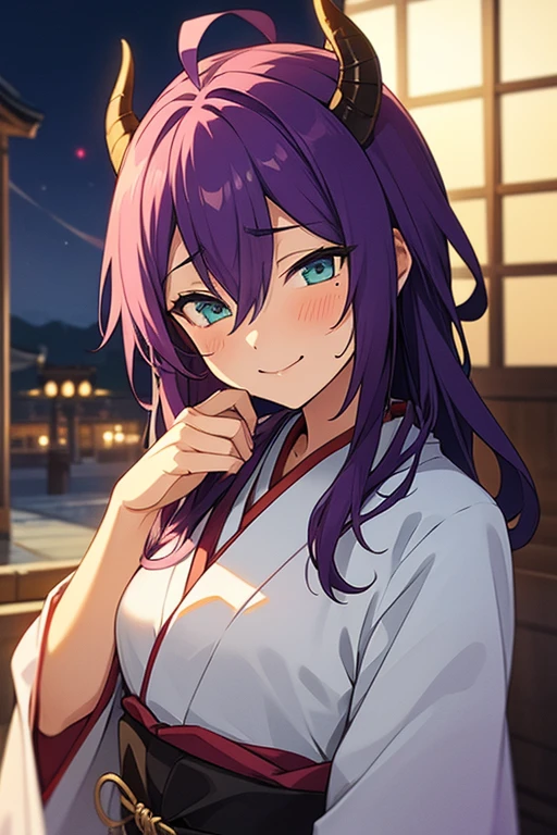 long hair, mole under mouth, purple hair, hair between eyes, aqua eyes, closed mouth, ahoge, 1girl, blush, smile, horns, kimono, japanese clothes, night