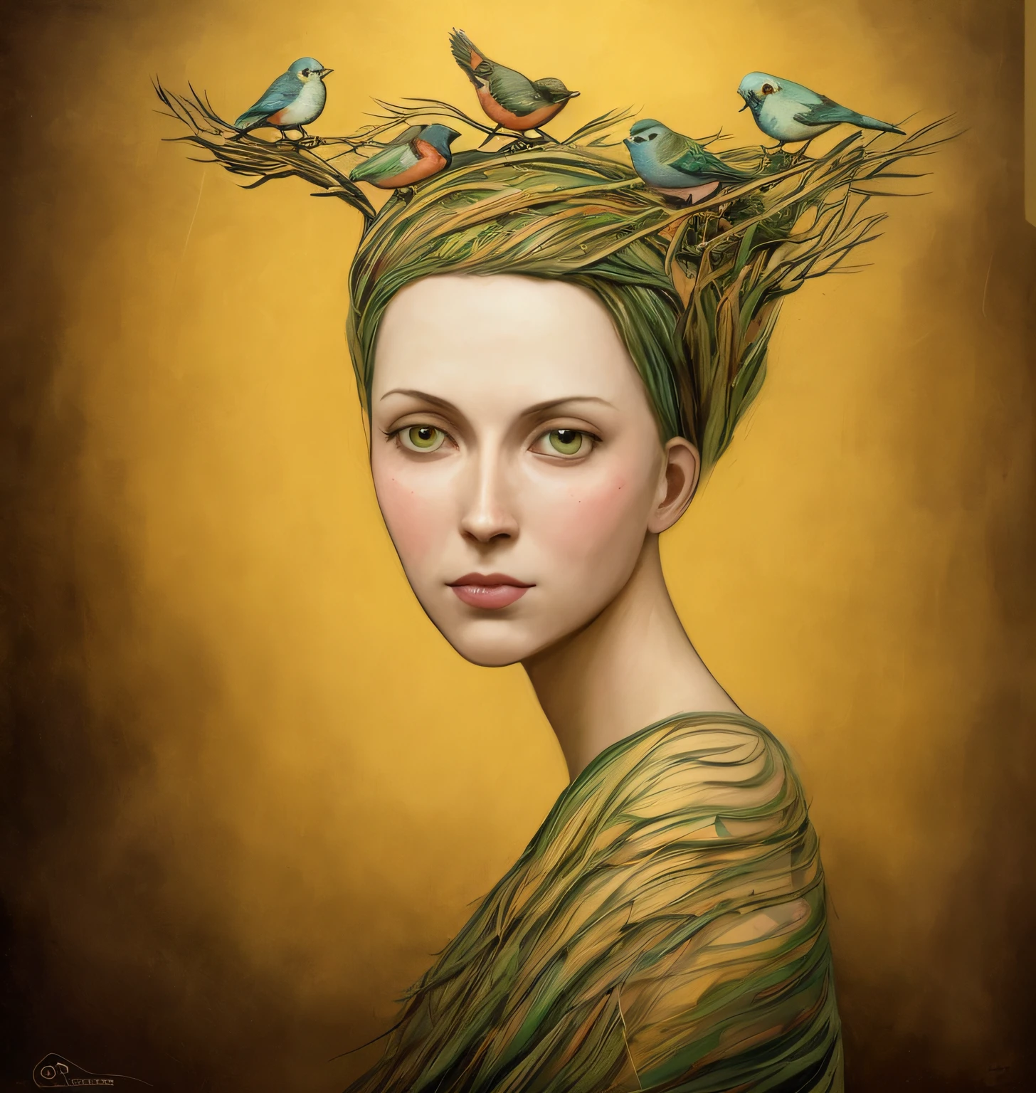 Painting of a woman with birds on her head and a bird on her head, there are birds on her head, Estilo de Esao Andrews, esao andrews : : ornado, inspirado em Esao Andrews, branches sprouting from his head, girl with a birdcage on her head, Benjamim Lacombe, Vdragan Bibin, inspirado no ESAO