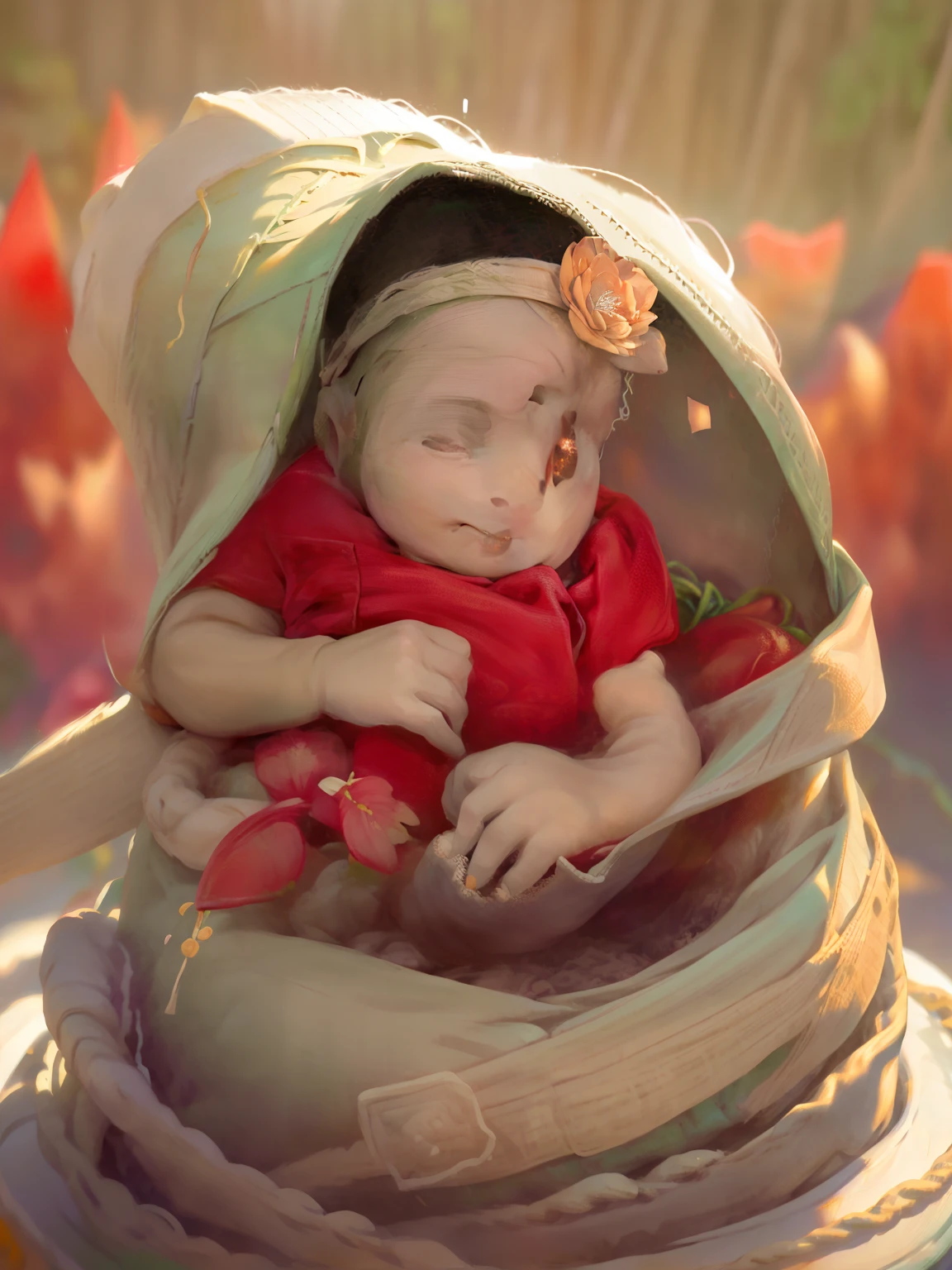 there is a baby wrapped in a blanket in a bowl, wrapped in flowers, inspired by Anne Geddes, vibrant greenery, green and warm theme, vines, vibrant setting, vignette, whole body photography, wrapped in cables and flowers, award winning studio photo, adorned with all kind of plants, mixed media photography, full body photograph, award wining photography