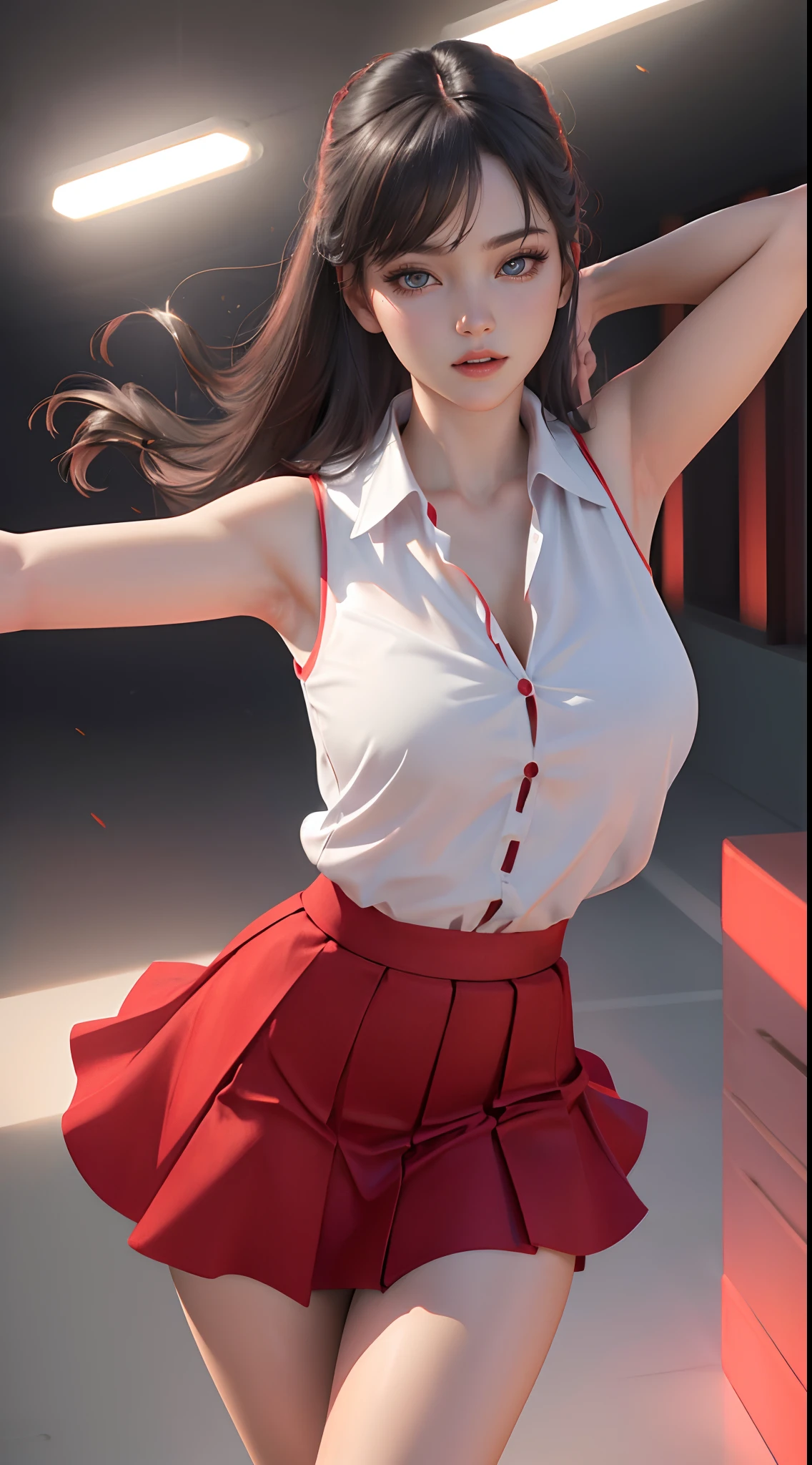 A fit young woman in her 20s. wearing a red sports top and black cycling shorts. She has shoulder-length straight red hair. no background. on the stage. 카메라를 바라본다
huge boobs.