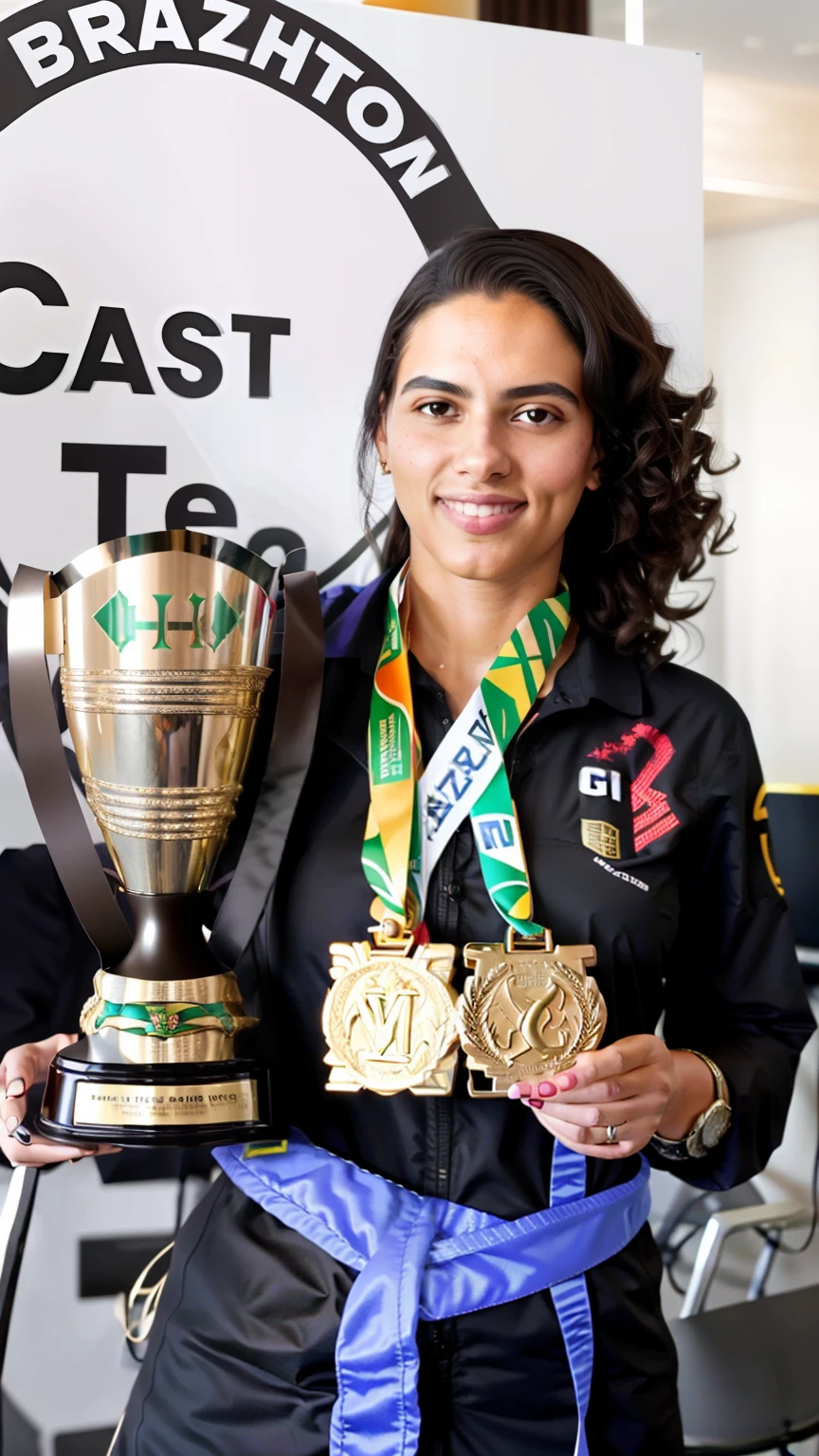 1 latina girl, black hair, short hair, curly hair, white skin, Brazil national team shirt, round eyewear, glasses, library, green eyes, solo, leaning towards viewer, black eyeliner