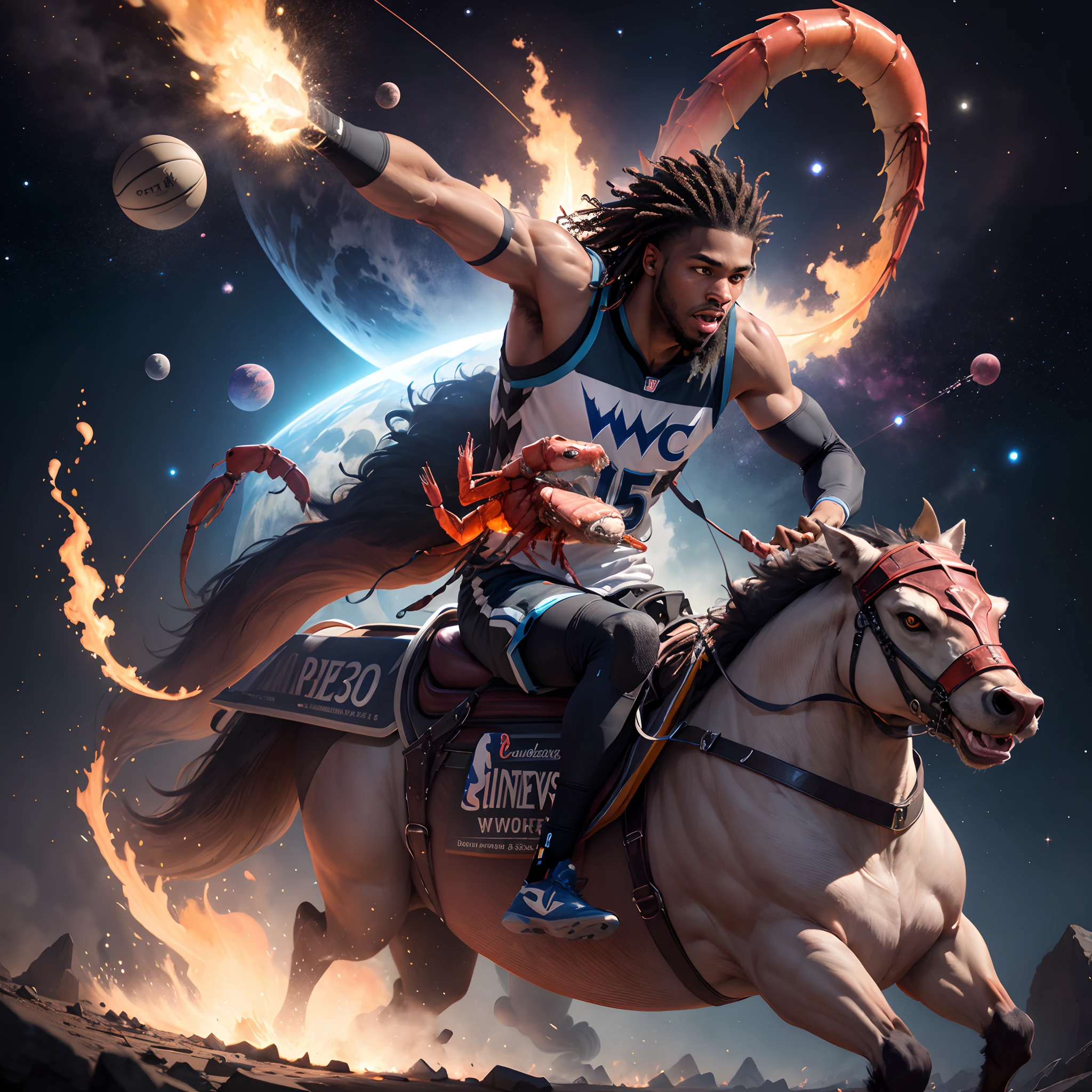 Minnesota timberwolves player Naz Reid riding a flaming armored shrimp in outer space