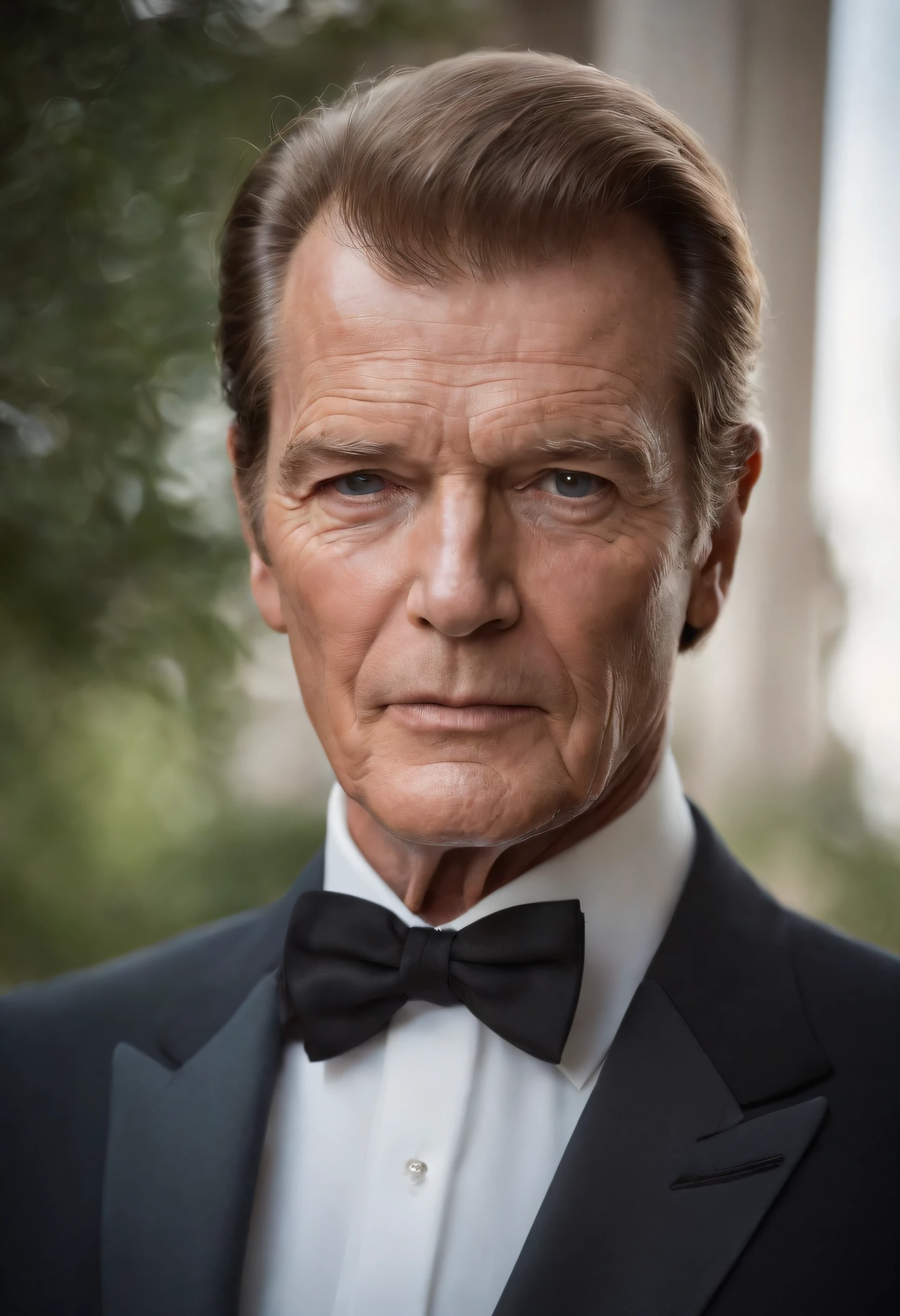 A contemplative portrait of Sir Roger Moore, embodying the essence of 007 sophistication. Captured in high definition, showcase the distinguished features of his face, emphasizing the charm in his eyes. Set against a classic, dimly lit background to create a cinematic atmosphere. Employ subtle chiaroscuro to add depth, with a touch of mystery. Incorporate a sleek suit, perfectly tailored, bringing out the timeless elegance associated with the iconic character. Utilize a Leica M10 Monochrom for its ability to capture intricate details, set at f/2.8 to achieve a subtle background blur while maintaining sharp focus on the subject. Enhance the mood with golden-hour lighting, casting gentle shadows that accentuate the contours of his face. Aim for a stylized rendition, blending realism with a touch of vintage allure, achieving a balance between classic Bond aesthetics and contemporary photographic finesse.