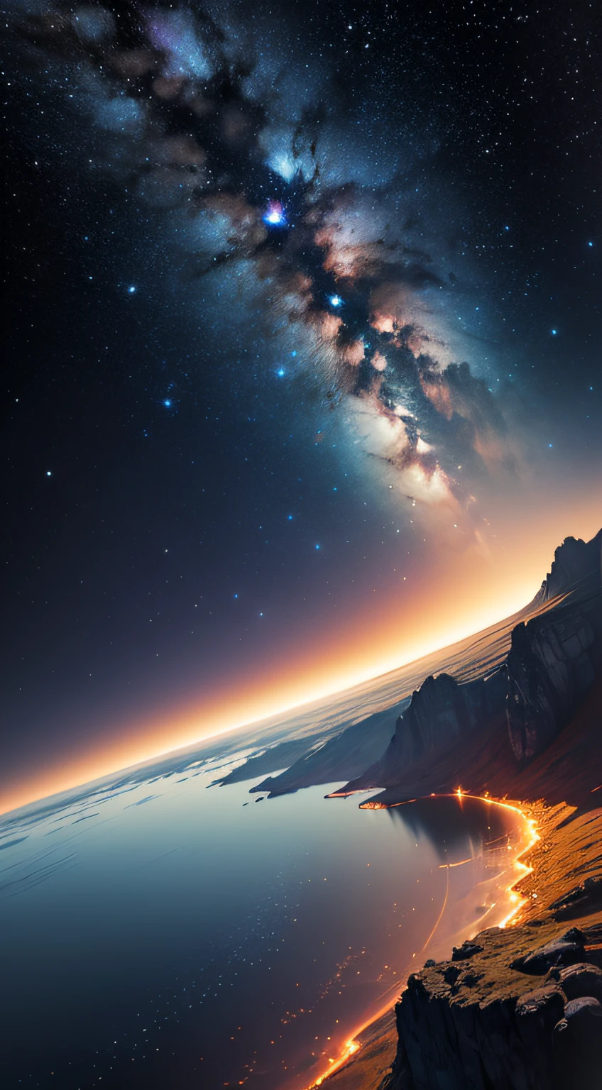 Earth's northern sky, Starry sky with view of the Milky Way, com planeta Saturno ao fundo no lugar da Lua