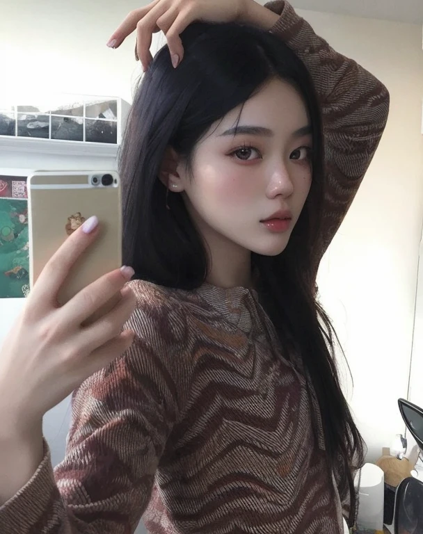 there is a woman that is taking a selfie in the mirror, beautiful asian girl, ulzzang, Asian girl, Xision Wu, Hermosa modelo china, Chica coreana, Wenfei Ye, 18 years old, Chica china, young cute wan asian face, Xintong Chen, Imagen filtrada, young asian woman, Modelo de Instagram, 19 year old girl