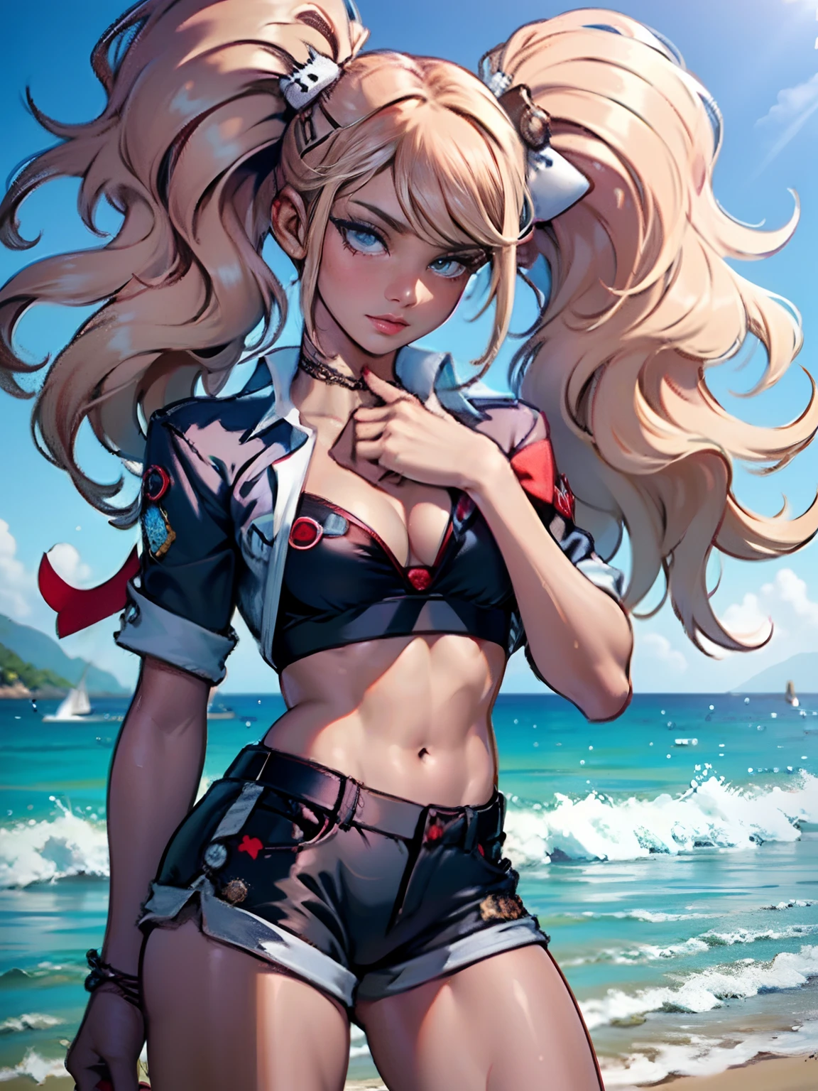 (alta calidad, Mejor renderizado), (beautiful little girl), ojos azules, ((cabello largo rubio)),(bomba, Estilo pin-up), psycho, cara loca, pose sexy, Pantalones cortos Jean, Camiseta, tonos pastel, centrado, Escala para ajustarse a las dimensiones, Micro tanga, Micro Bikini, dedo del pie de camello