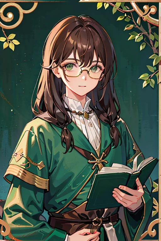 1boy, , bangss, , Brown hair, , verd s eyes, eye glasses、verdant、hair between eye, Male Focus, alchemist, long, Highly detailed and anatomically correct, Sharp Images, digitial painting、Green clothing、length hair、medieval times、Do not tie hair、Holding a book in your hand、Let your hair down