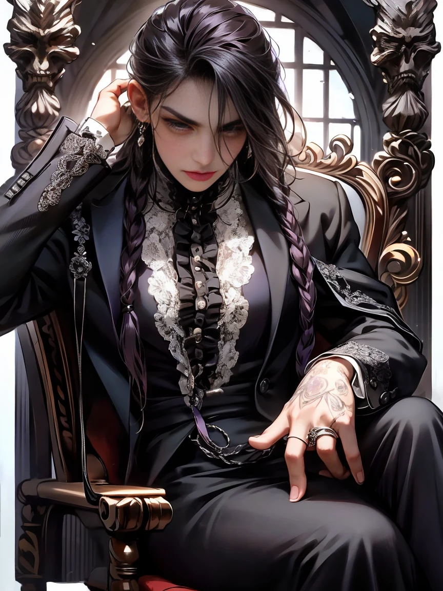 A gothic black man, , , with a dread hair, , , villain, , , black clothes with purple detail, , , the clothes follow a Victorian style.