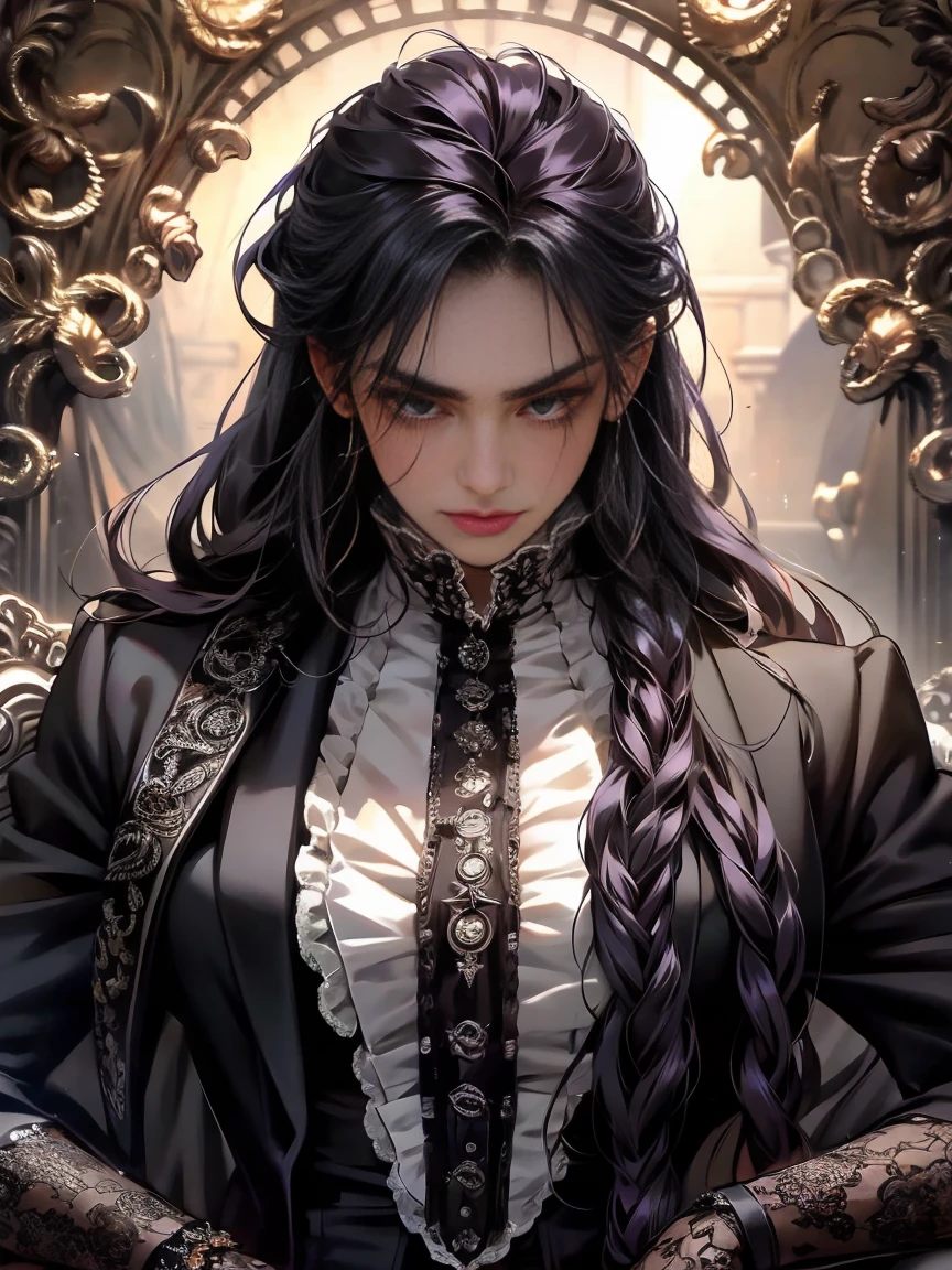 A gothic black man, , , with a dread hair, , , villain, , , black clothes with purple detail, , , the clothes follow a Victorian style.