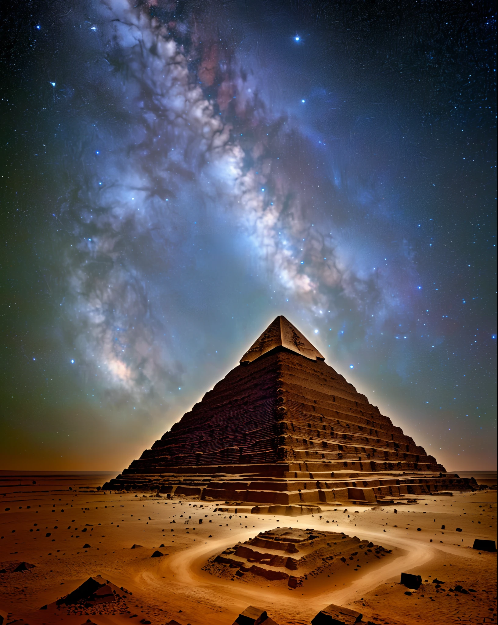 An ancient pyramid floating in an infinite universe. The pyramid is sparsely populated with stars. masterpiece, sharp, ultra detail, 8k,cyberspace soldier, angle view, top quality, dim, (high detail background:1.2),(high detail characters:1.2), dslr, soft lighting, high quality, film grain, fujifilm xt3, intricate detail,