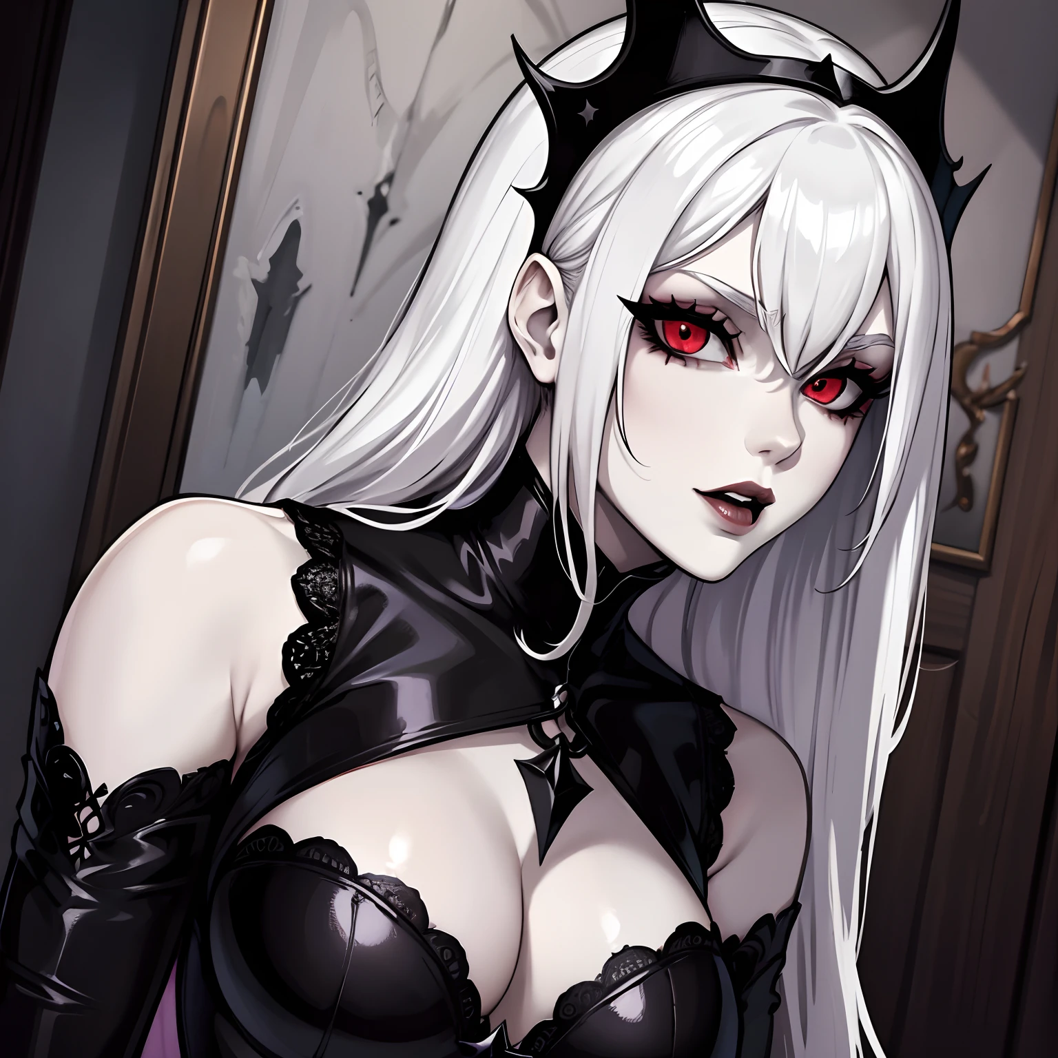 Female vampire, has white/silver hair, has red eyes, masterpiece, perfect eyes, pale skin, wearing gothic dress, wearing black lace gloves, portrait, solo, alone, (SOLO)(ALONE)