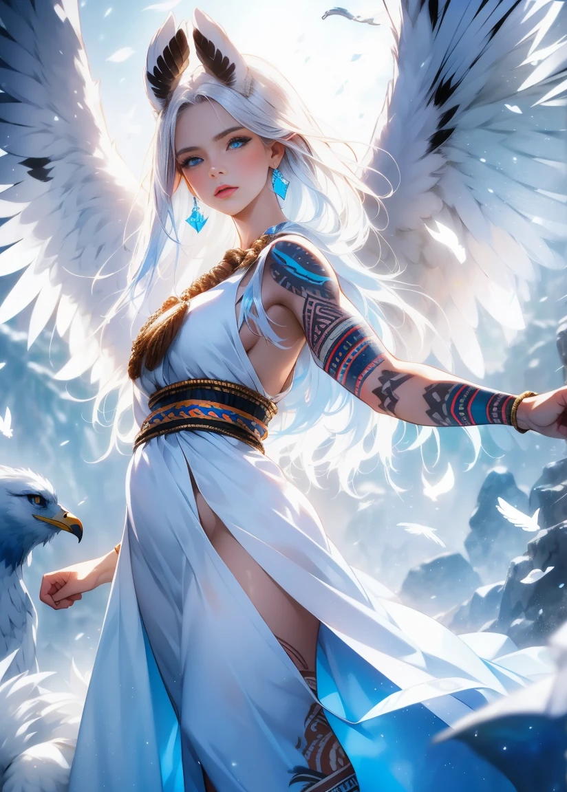 masterpiece, Cowboy shot, (1woman), (white fox), (tribal dress:1.2), (beautiful blue eyes), ((tribal (Eagle) tattoo)), white and blue colors, foggy background, dynamic pose, (looking at viewer), (front view), (from sky), (bokeh:1.2)