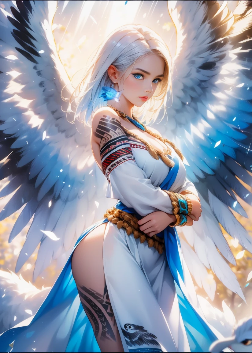 masterpiece, Cowboy shot, (1woman), (white fox), (tribal dress:1.2), (beautiful blue eyes), ((tribal (Eagle) tattoo)), white and blue colors, foggy background, dynamic pose, (looking at viewer), (front view), (from sky), (bokeh:1.2)