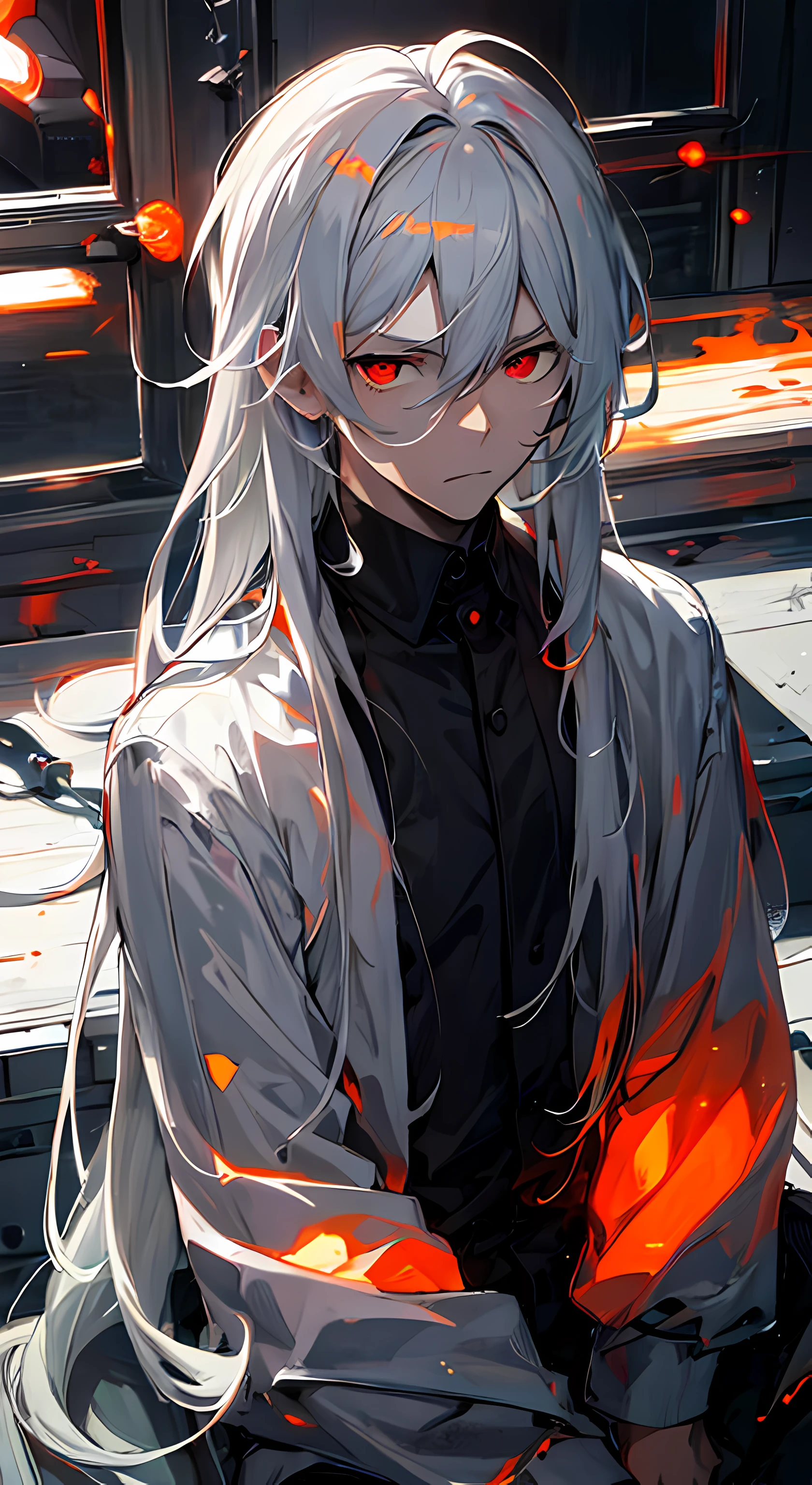 anime - style image of a man with white hair and orange-red eyes, white haired, detailed anime character art, wearing black robe with glowing red-orange patterns on it, anime character portrait, with glowing orange-red eyes, white haired deity, he had white hair, slightly angry and annoyed, light indian skin tone, white-haired, stunning anime face portrait, detailed anime face, anime style portrait, detailed fanart, (light-grey ambience background), detailed hair strands, white light shining at the person's face from the lower left direction, headshot photography, empty eyes, :(, slight frown, looking at camera, gradient eyes, ray tracing, reflection light, best quality, award winning, high quality, high details, super detail, anatomically correct, accurate, masterpiece