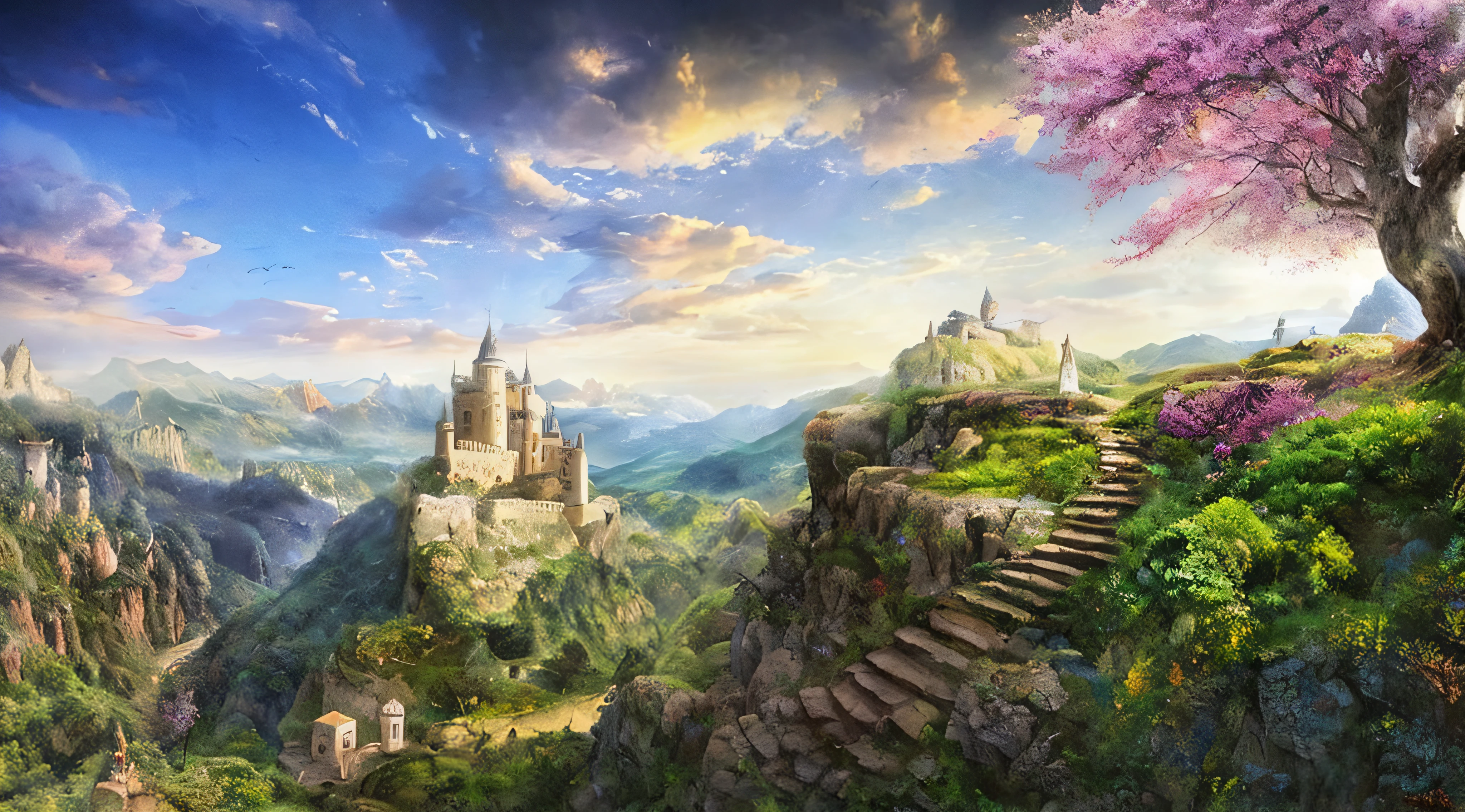um castelo em um penhasco com escadas que levam ao topo de uma montanha, pintura fosca em estilo fantasia, Fantasia pintura fosca, Fantasia pintura fosca,fofo, alta fantasia pintura fosca, pintura fosca requintada, paisagem da fantasia medieval, fantasia altamente detalhada, pintura fosca sonhadora, paisagem de arte de fantasia, beautiful render of a fairytale, Arte de fantasia grande angular, illustration matte painting, pintura fosca de alta qualidade