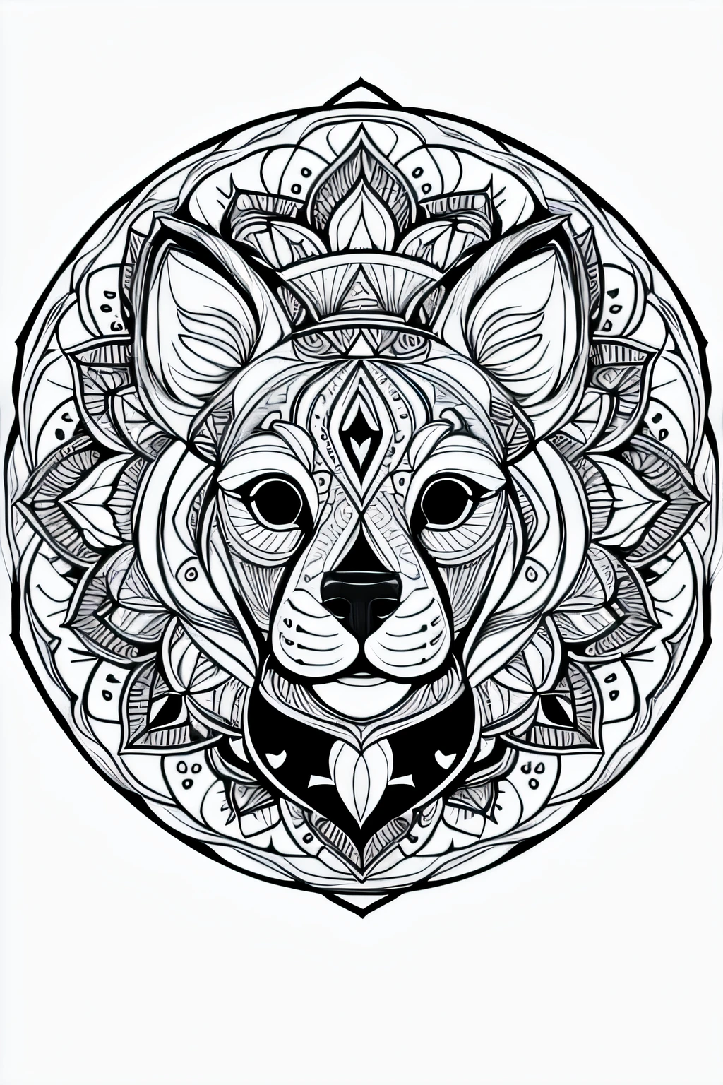coloring page for adults, bold lines, dark lines, mandala body, mandala dog face, mandala face, symmetrical, white background, clean line art, fine line art.