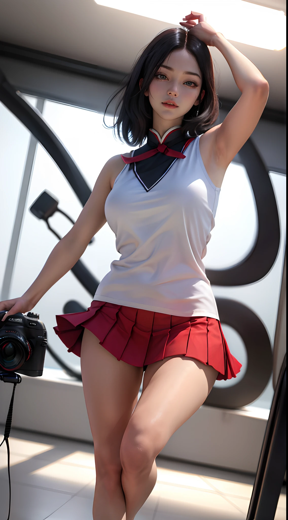 (masterpece:1.3),  (photorealistic:1.3),  (best quality:1.3),  8k,  uhd,  high resolution,  1girl,  ((large breats)),  best lighting,  best shadow,  red skirt, sleeveless, looking at viewer, breasts focuss, best anatomy, white shirt, short skirt, bare shoulders, dynamic pose, dynamic angle camera, pose, sexy, neckband, chinese, tight shirt,