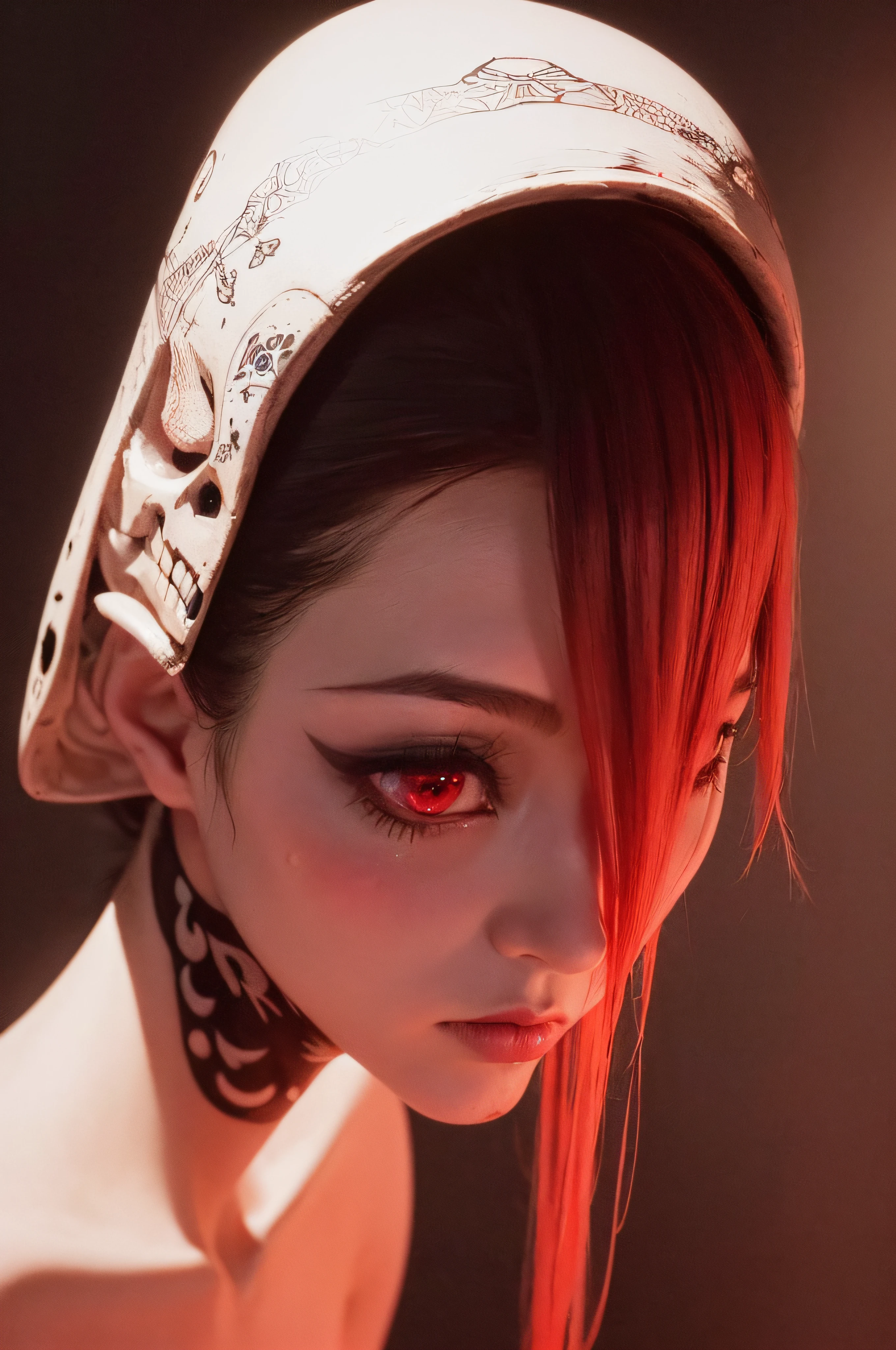 "(The best lighting, oscuro, dramatic),(feto calavera geisha escupiendo tinta roja, Cicatrices, sexy, cerebro, sangre, una rata dentro de la cabeza, terror.),(ojos rojos, calaveras). volumetric light.