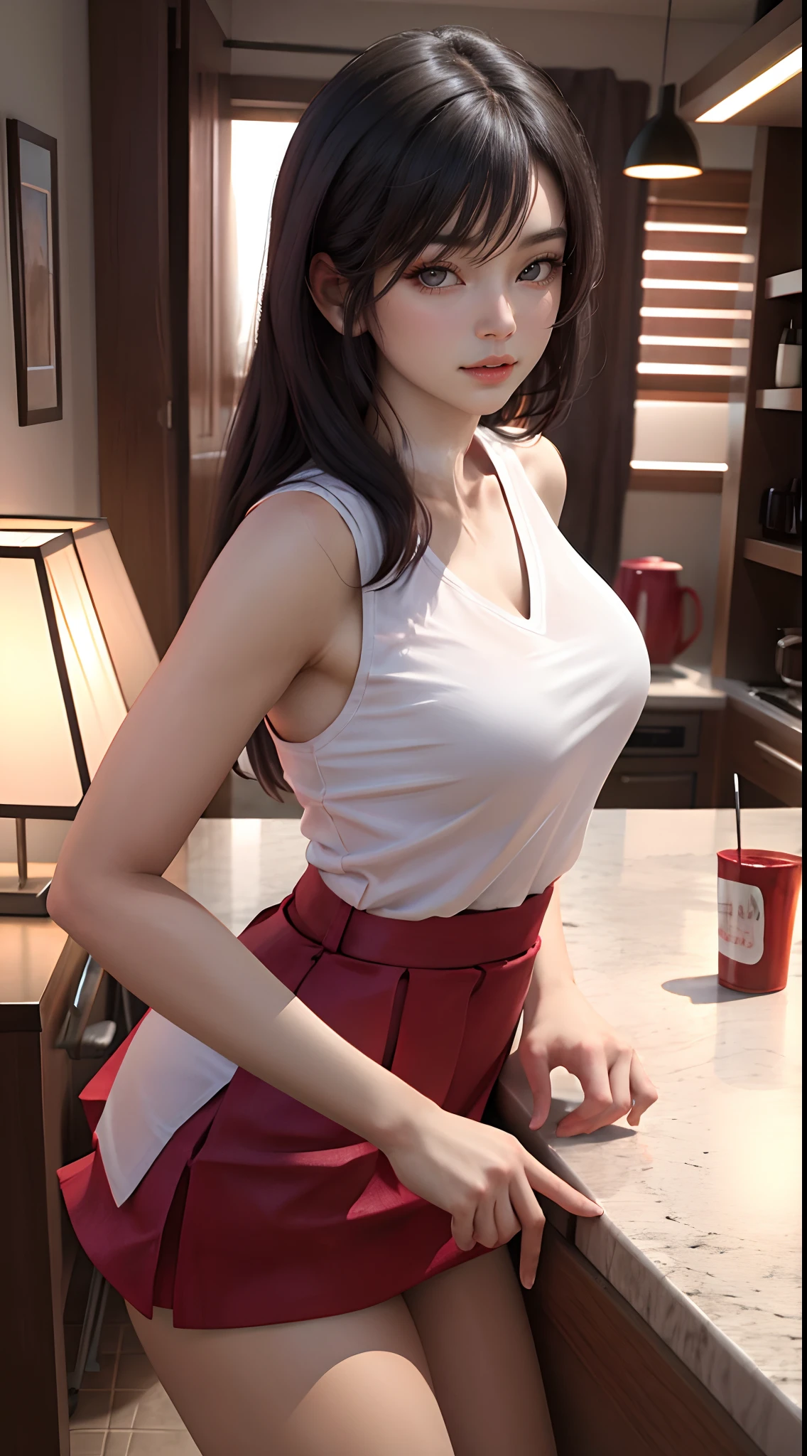 (masterpece:1.3), (photorealistic:1.3), (best quality:1.3), 8k, uhd, high resolution, 1girl, ((large breats)), best lighting, best shadow, red skirt, sleeveless, looking at viewer, breasts focuss, best anatomy, white shirt, short skirt, bare shoulders, dynamic pose, dynamic angle camera, pose, sexy, neckband, chinese, tight shirt,