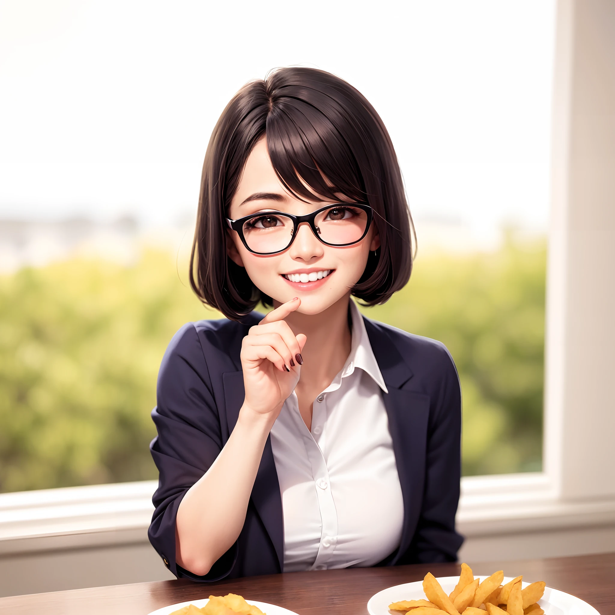 mulher sorridente em copos sentada em uma mesa com um prato de comida, Nivanh Chanthara, bonito ligeiramente nerd sorriso, leve sorriso nerd, With eye Glasses, girl with glasses, with glasses on, 1 8 I, girl wearing round glasses, Alanis Guillen, leve sorriso bonito, !!wearing modern glasses!!, happily smiling at the camera, sorriso frito