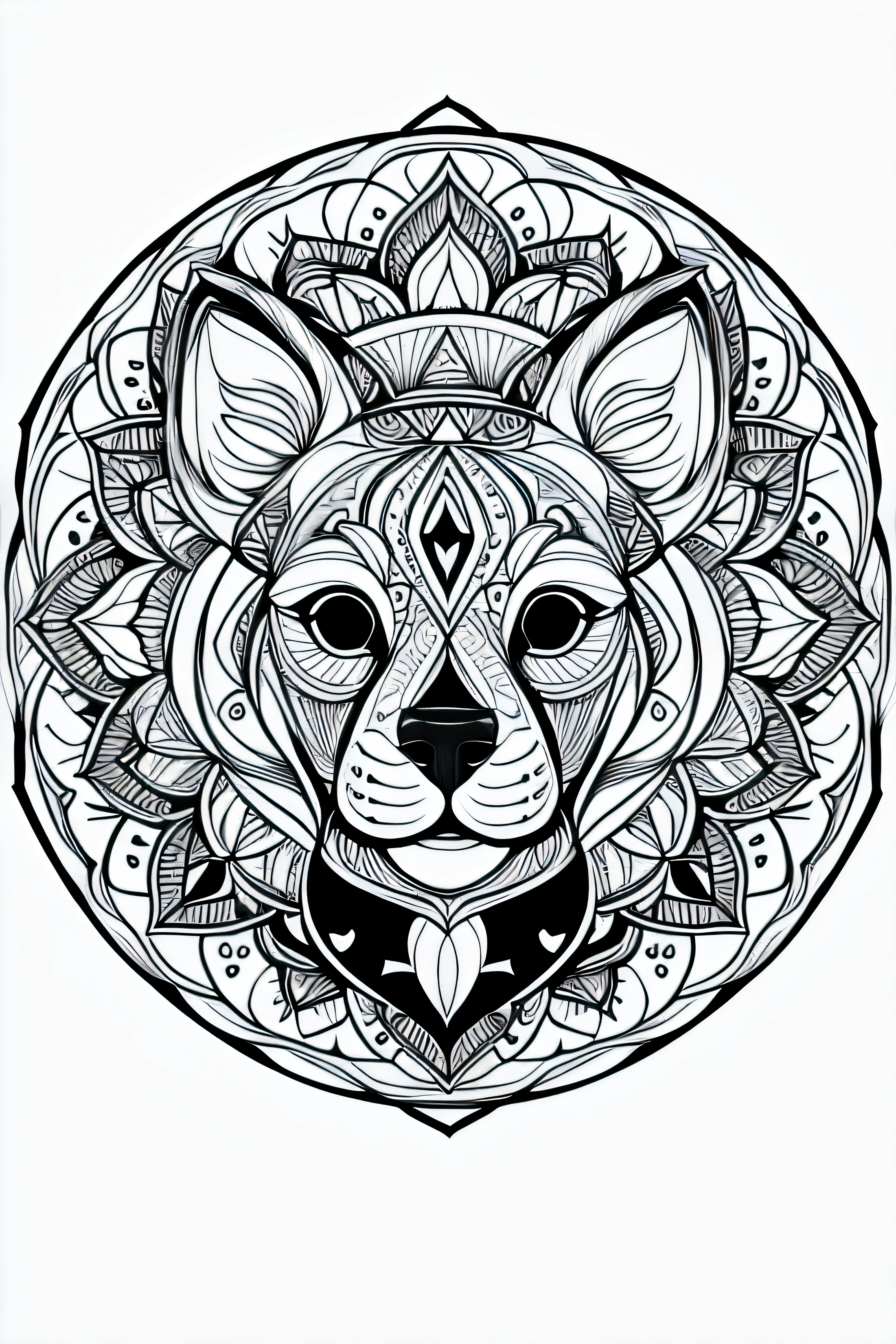 coloring page for adults, bold lines, dark lines, mandala body, mandala dog face, mandala face, symmetrical, white background, clean line art, fine line art.