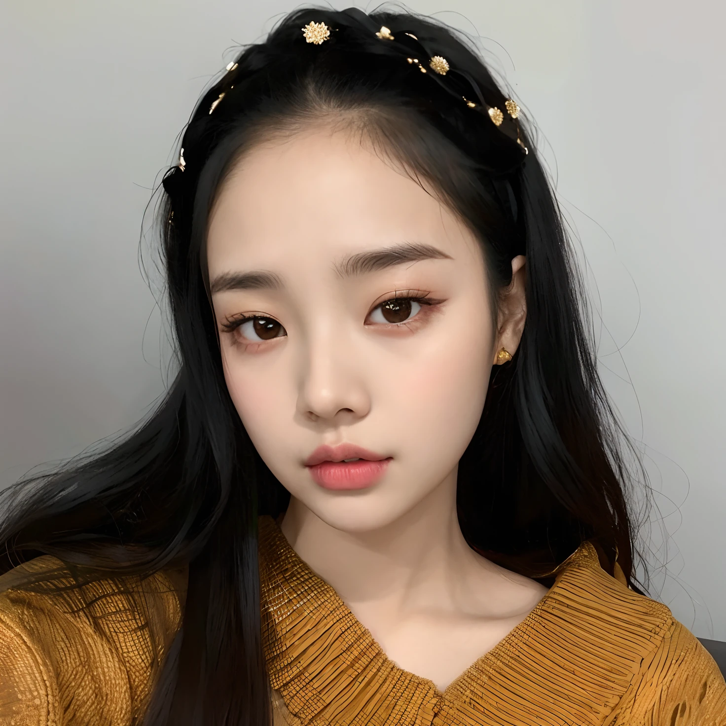 Arafed woman with long black hair wearing a golden sweater and a flower headband, jennie blackpink, Ulzzang, Heonhwa Choe, Jaeyeon Nam, young adorable korean face, foto de perfil headshot, Lee Ji - Eun, Lee Ji-eun, korean symmetrical face, Parque Ji-min, TaeJune Kim, testa larga, Jinyoung Canela, coreana