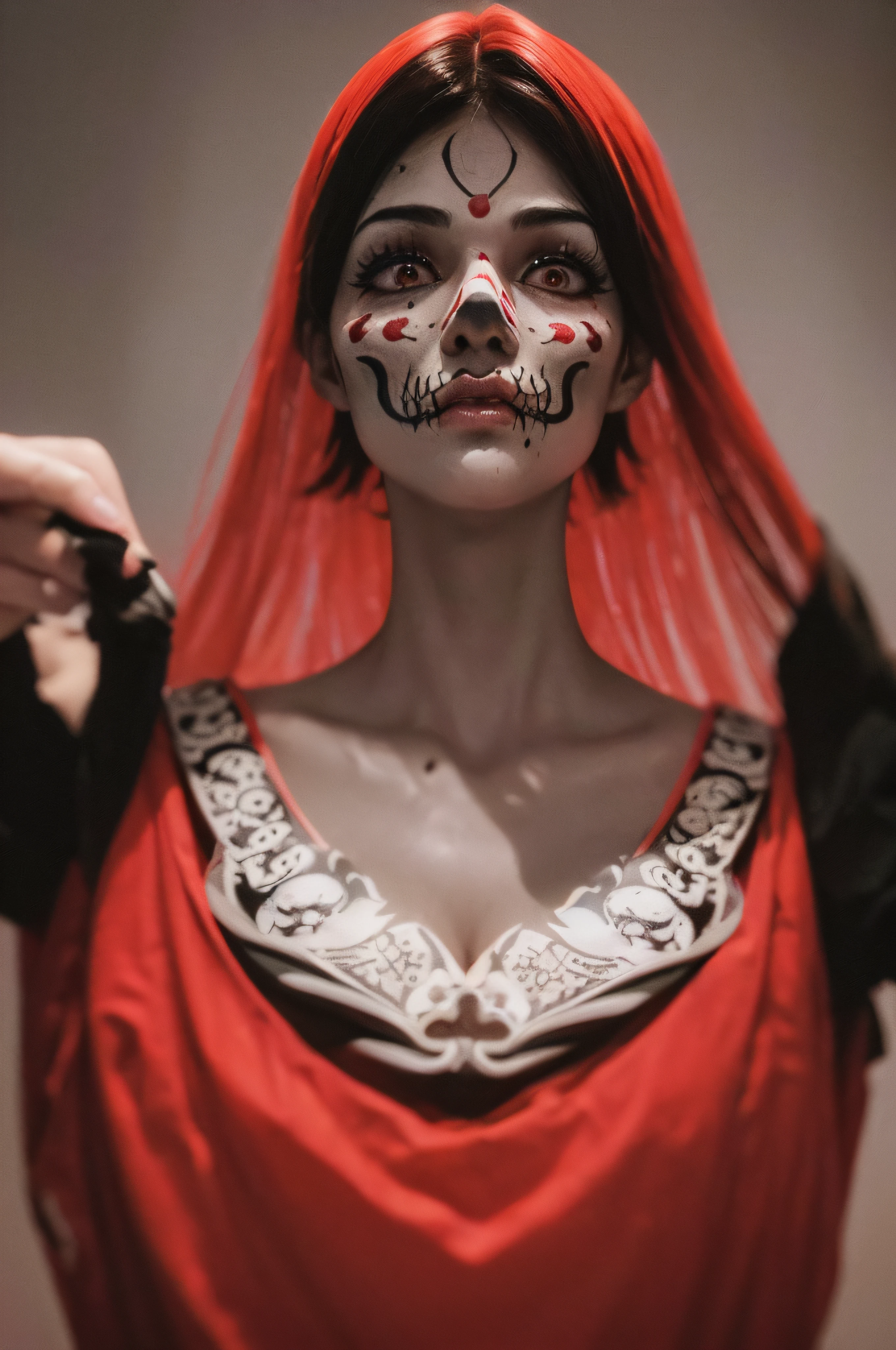"(The best lighting, oscuro, dramatic),(feto calavera geisha escupiendo tinta roja, Cicatrices, sexy, cerebro, sangre, una rata dentro de la cabeza, terror.),(ojos rojos, calaveras). volumetric light.