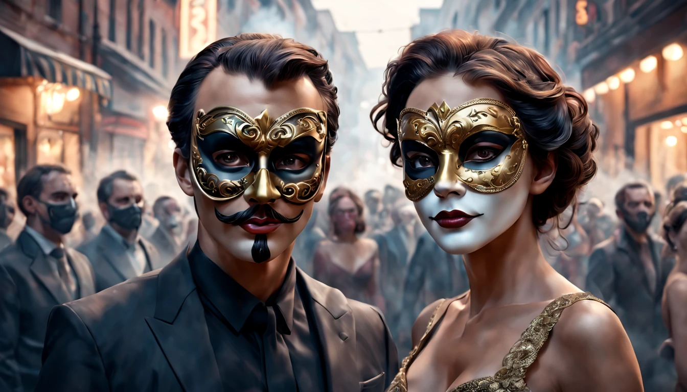 a girl with light brown skin, green eyes and curly brown hair with a lush body next to her is a muscular and handsome man with dark blue eyes and raven hair. Making love in front of a lot of people in a closed place, They both wear masks