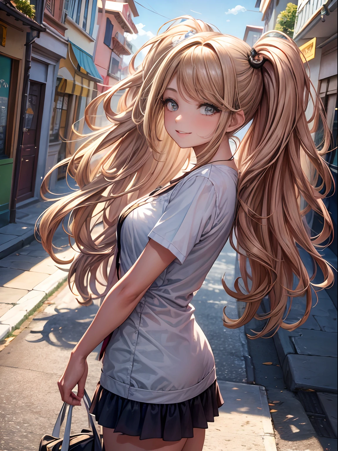 Obra maestra, La mejor calidad, High Definition Beautiful Woman, Hermosa mujer de rostro inclinada en la calle mostrando su trasero, falda:1.1, con una hermosa sonrisa, Cara hermosa, Cabello largo, Sin tanga, sin ropa interior, , Beautiful , calle, cabello rubio