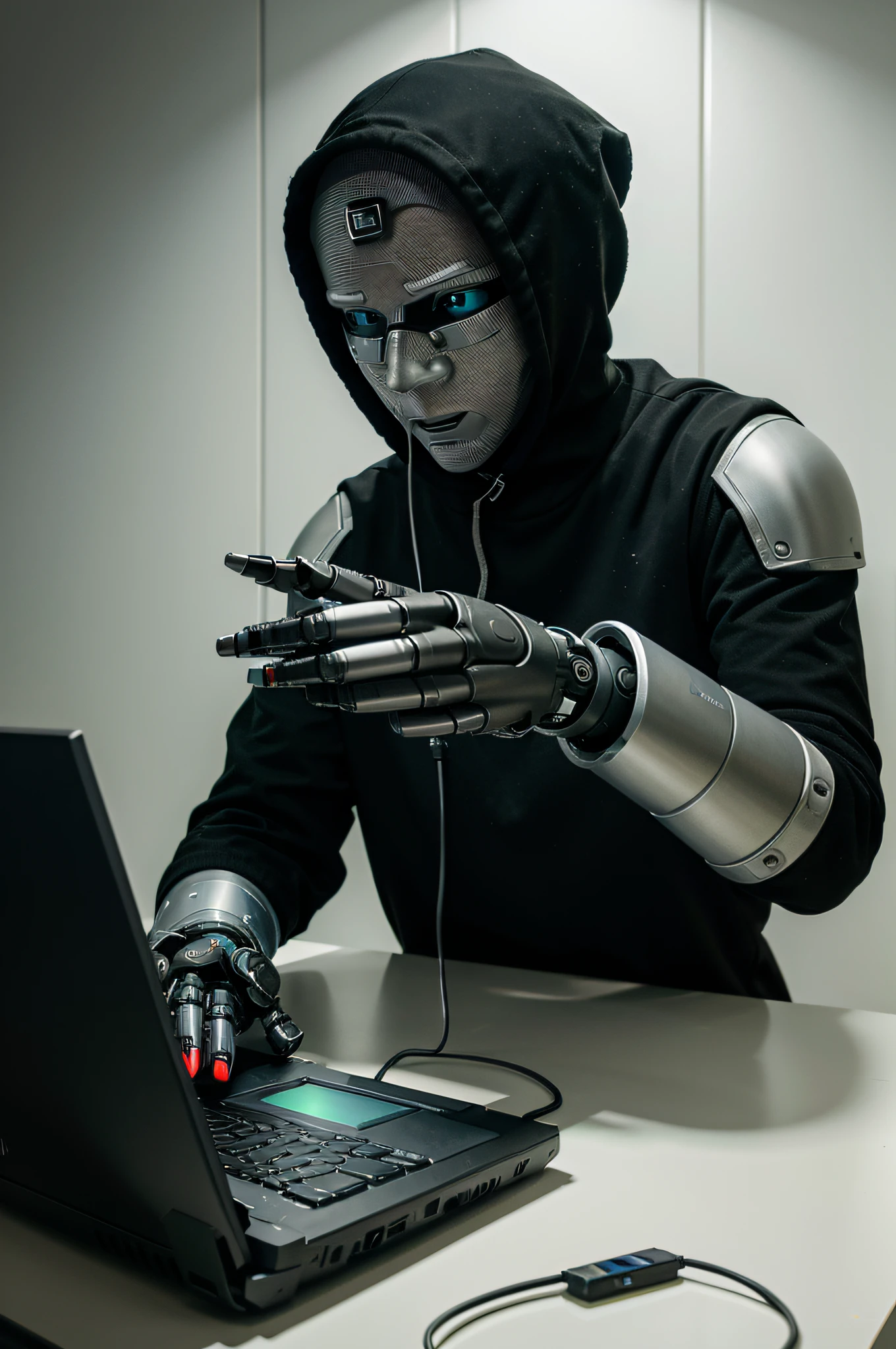 A realistic robotic hacker hand hacking into a computer, a cena tem um notebook e a tela ligada, and a robotic hacker hand entering it, representando um ataque hacker moderno, fundo neutro, fundo branco