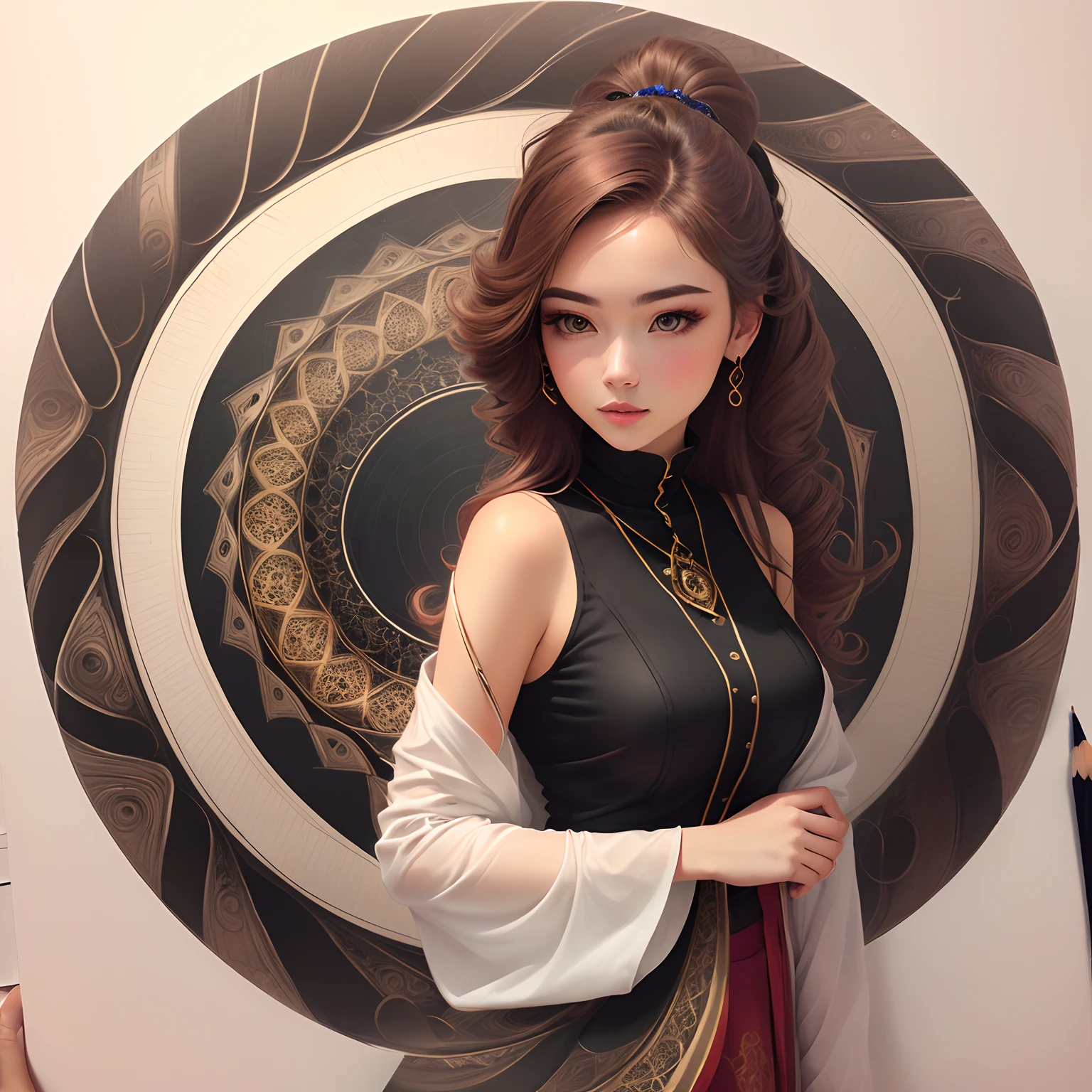 Make a drawing of a spiral behind a woman in sleeve style