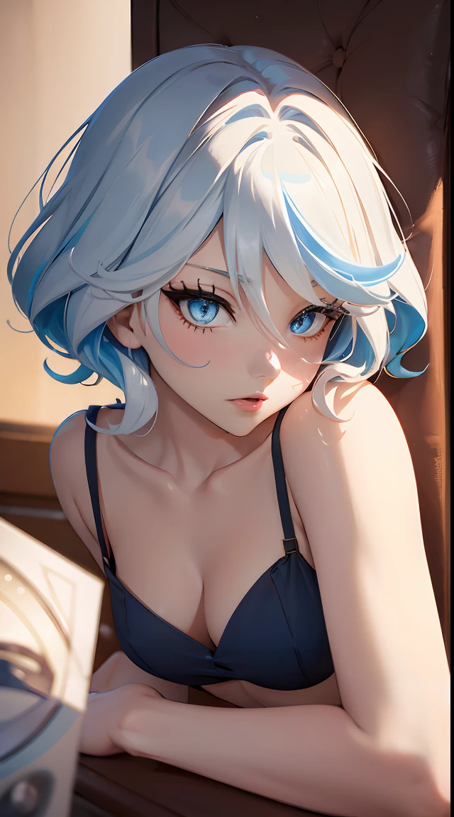 ((top quality, 8k, masterpiece: 1.3, ultra hd, high quality, best quality, high definition, realism)), sharp focus: 1.5, Beautiful girl with thin and skinny body, thin and skinny body, Light blue hair, blue ocean eye color with light Gradation, Erotic ahegao expression, Mouth open, Erotic pose on the chair, Close up view.