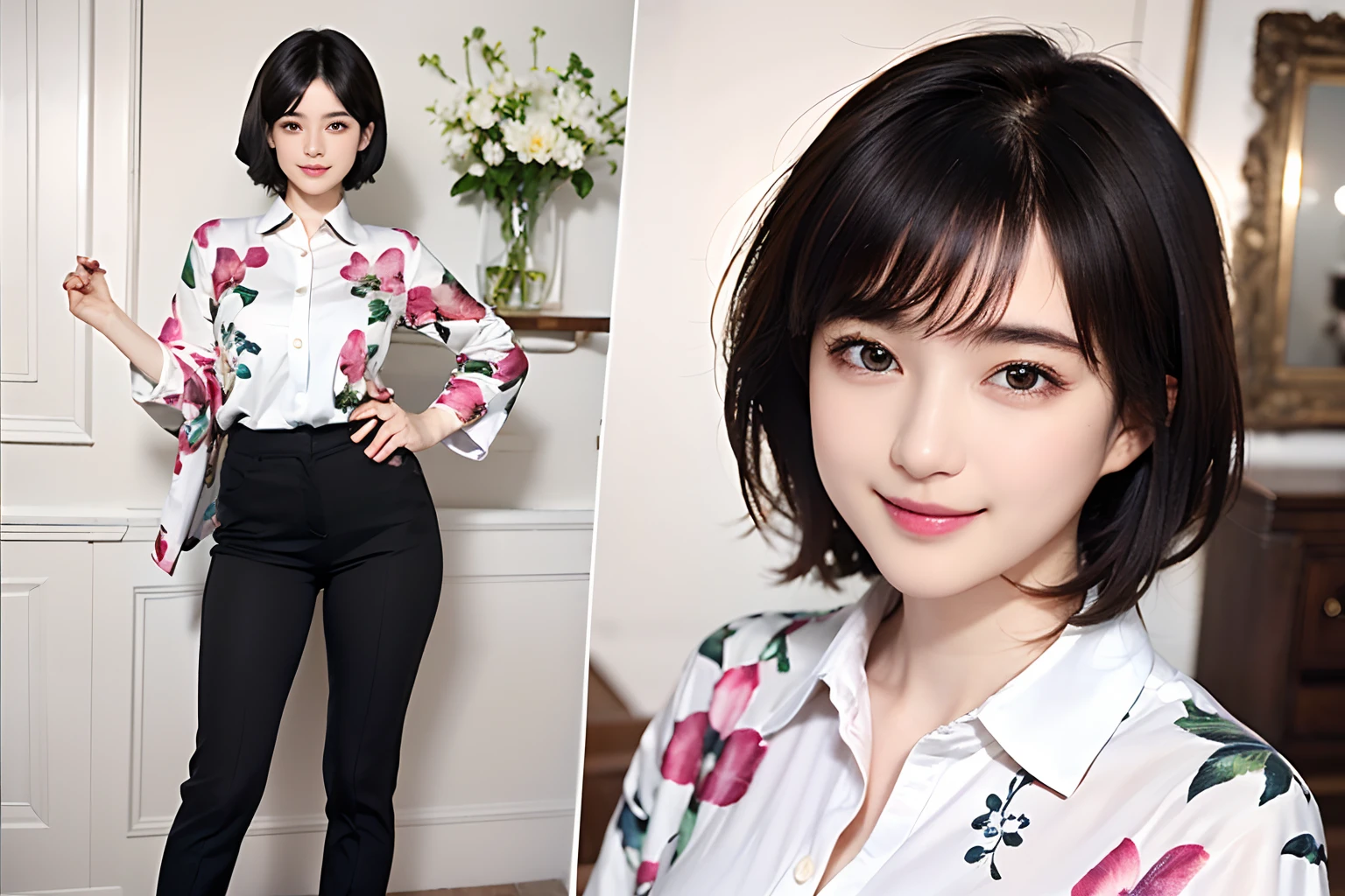 93
(a 20 yo woman,is standing), (A hyper-realistic), (masutepiece), ((short-hair:1.46)), (Smooth black hair), wear long pants, (Wearing a long-sleeved shirt with a floral print), (painterly、picture frame), (Gentle smile), (Keep your mouth shut)