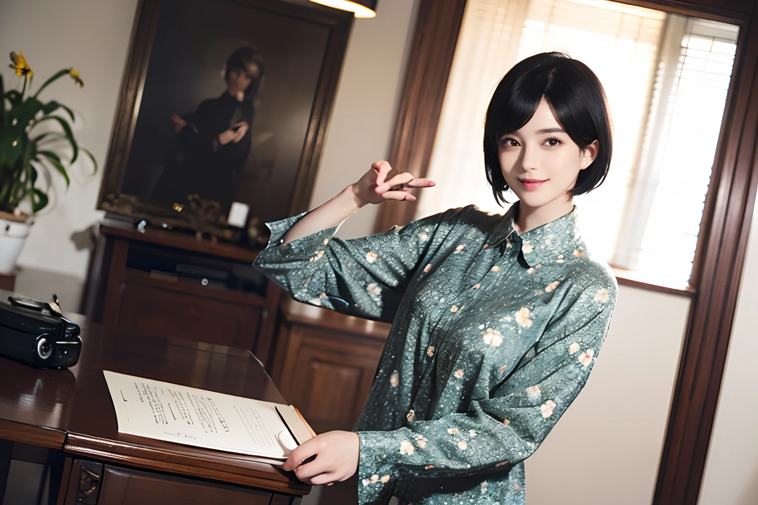 93
(a 20 yo woman,is standing), (A hyper-realistic), (masutepiece), ((short-hair:1.46)), (Smooth black hair), wear long pants, (Wearing a long-sleeved shirt with a floral print), (painterly、picture frame), (Gentle smile), (Keep your mouth shut)