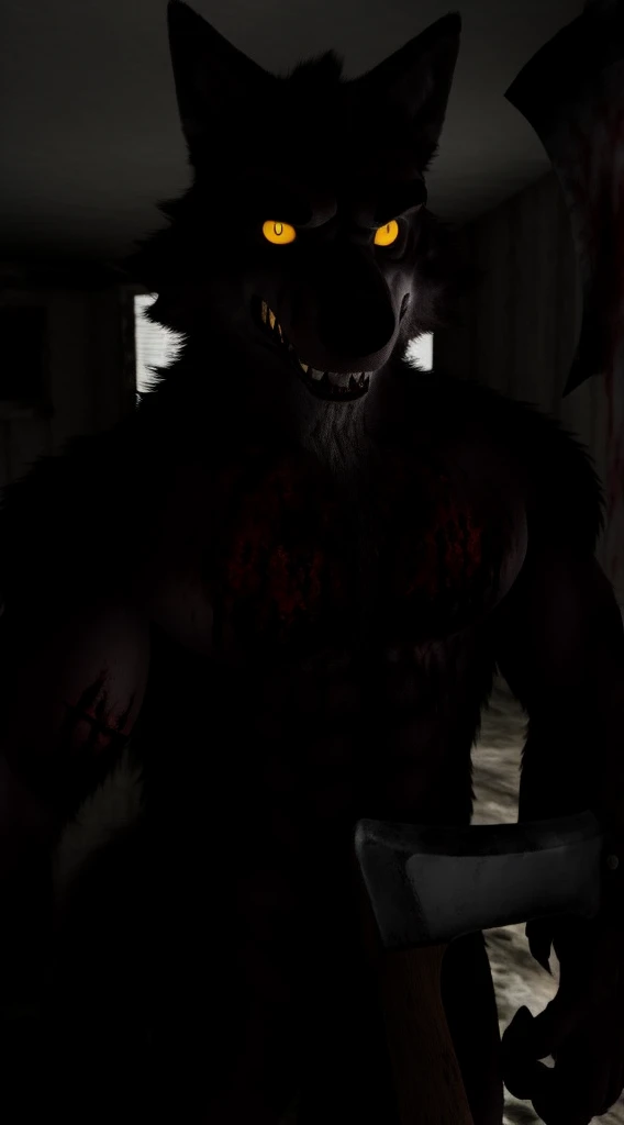 By bebebebebe, by lostgoose, by goonie-san, solo, male, standing, (((horror, blood))), balls, penis, monster, fur, fluffy, scruffy, poofy, belly, feral, ((monster, canine, wolf skull))