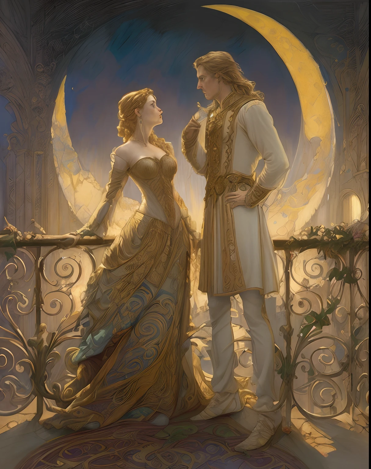 A painting of a couple standing on a balcony looking at the moon, fantasia arte vitoriana, romantic era painting, Romantismo estilo de arte, Estilo de Donato Giancola, Por Jon Foster, romantic painting, romantismo pintura, Inspirado em Gaston Bussiere, Directed by: Roman Bezpalkiv, beautiful depiction, Inspirado em Donato Giancola, Directed by: John Moonan