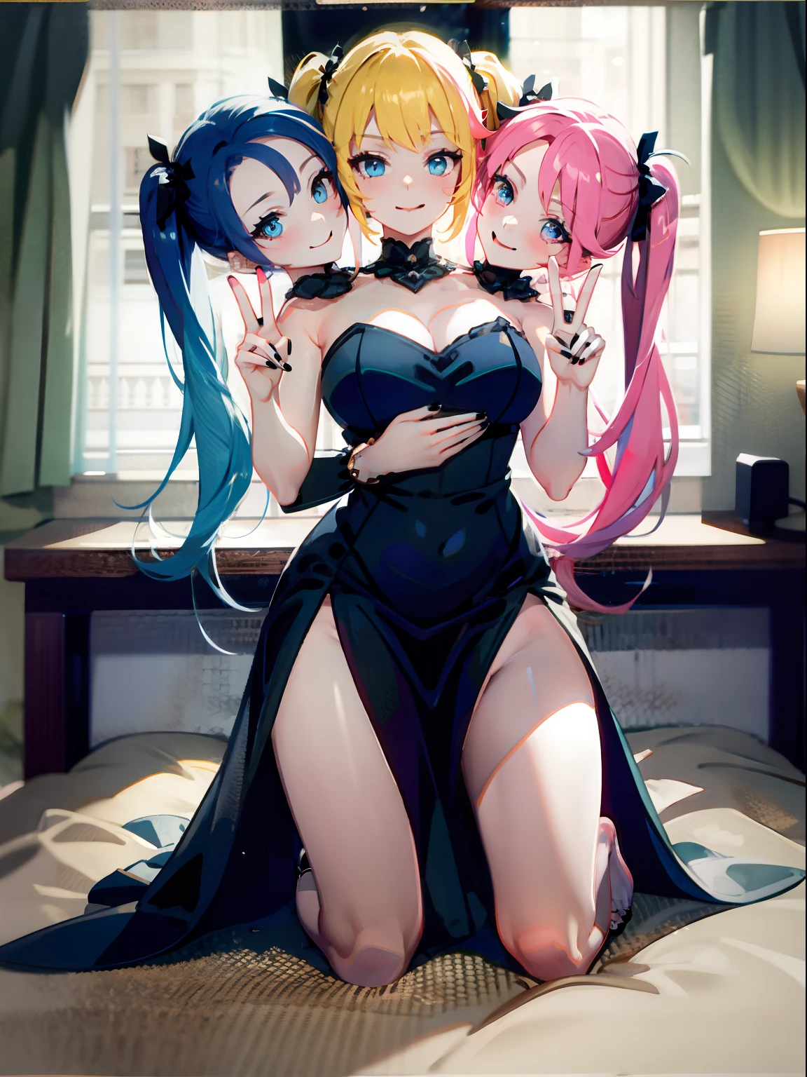 (masterpiece, best quality), best resolution, (3heads:1.5), dynamic angle, hands on hips, peace sign, 1girl, pink hair, twintails, smug, light blue eyes, black nails, black dress, bedroom, thick thighs, black nails, full body, kneeling, princess